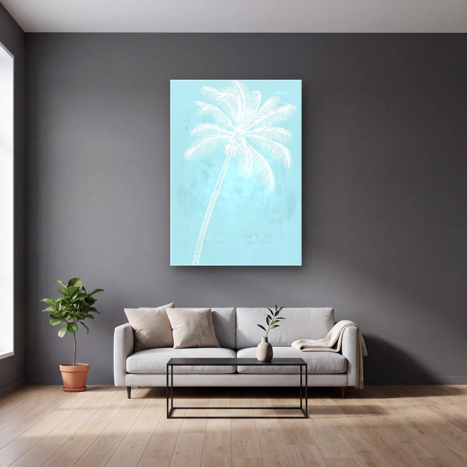Pastel Palmiyeli Tropik Sahil No. 12 cam tablo — gri duvarlı salonda