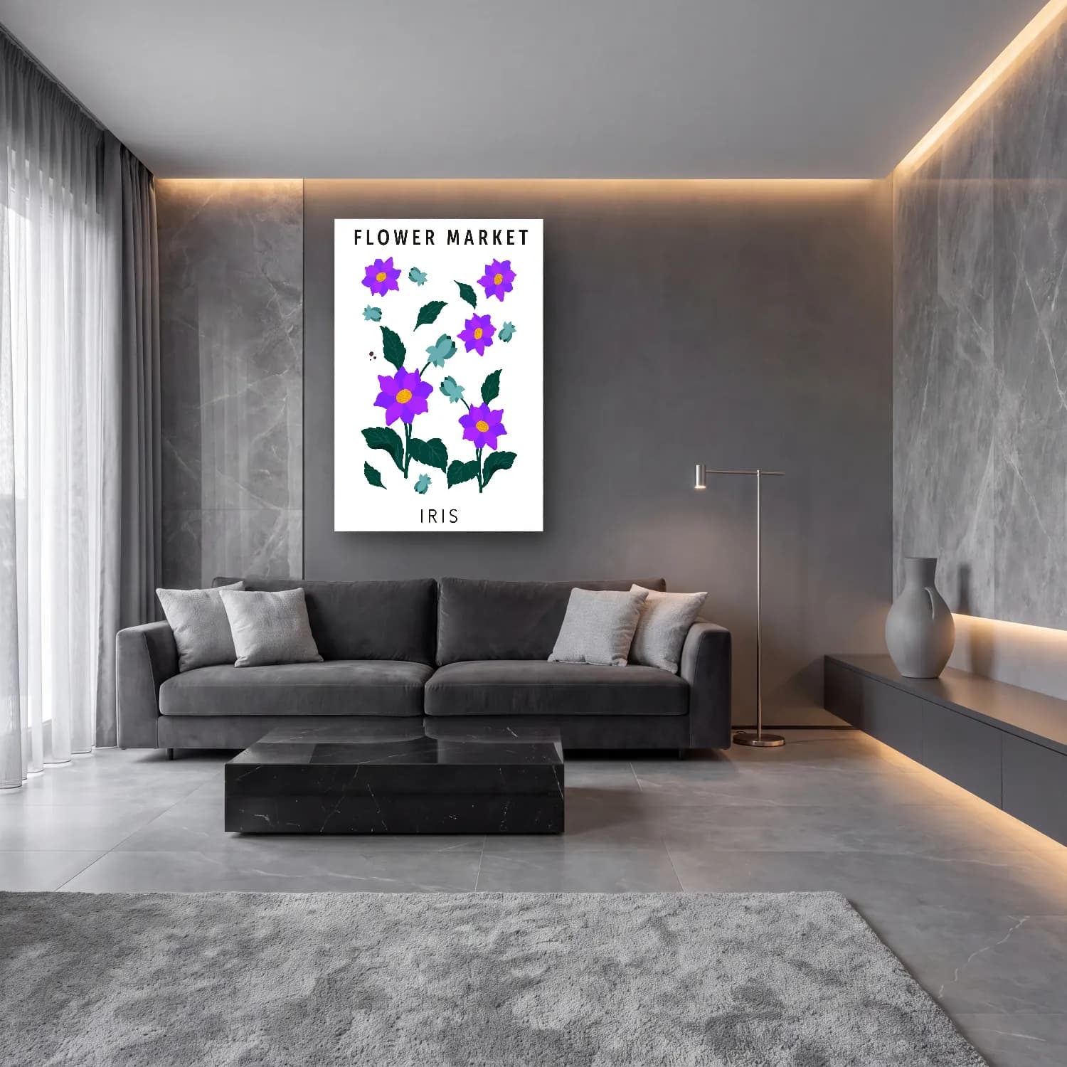 Pastel Çiçek Deseni No. 22 cam tablo — lüks salon duvarında