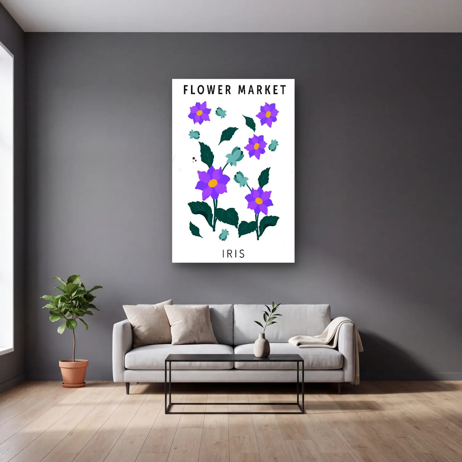 Pastel Çiçek Deseni No. 22 cam tablo — gri duvarlı salonda