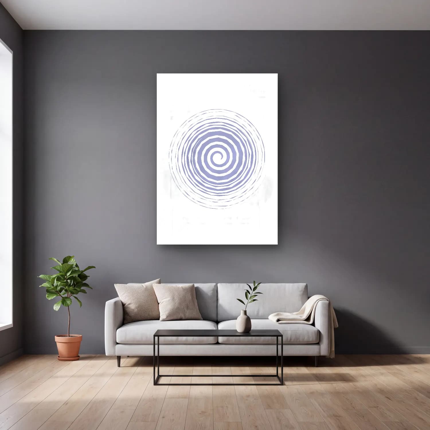 Çizgi Sanatı Geometrik Daireler No. 11 cam tablo — gri duvarlı salonda