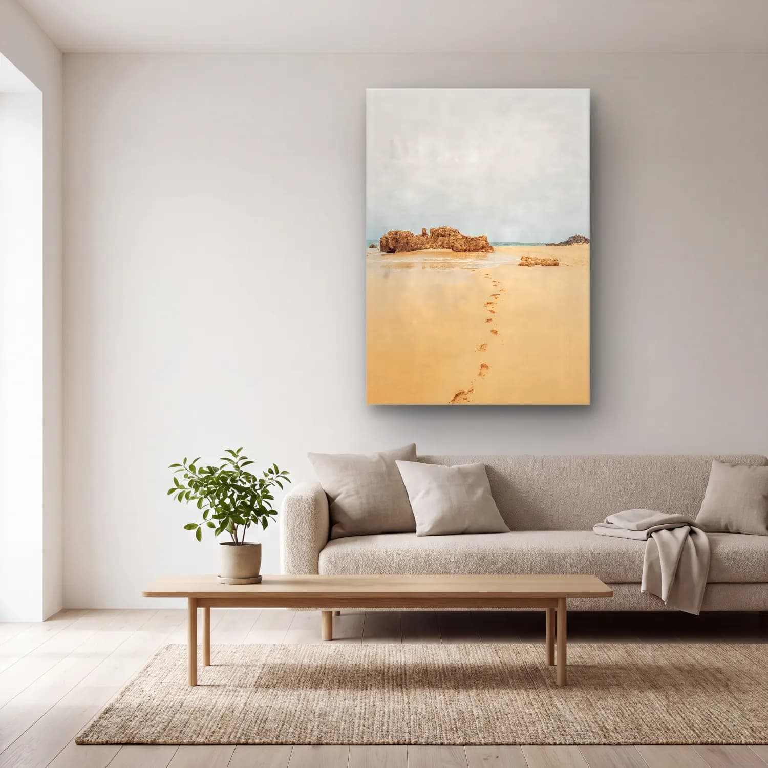 Pastel Dalgalı Sahil No. 8 cam tablo — açık renk salonda