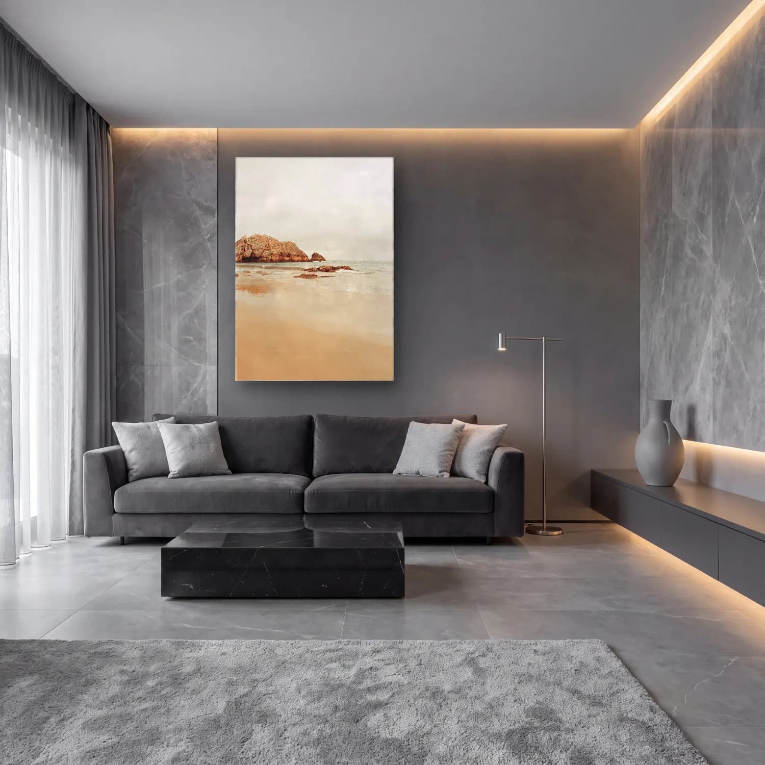 Pastel Dalgalı Sahil No. 9 cam tablo — lüks salon duvarında