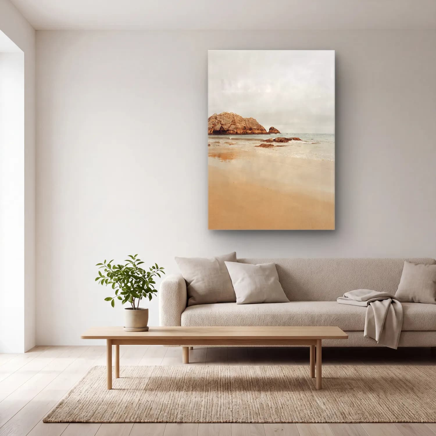 Pastel Dalgalı Sahil No. 9 cam tablo — açık renk salonda