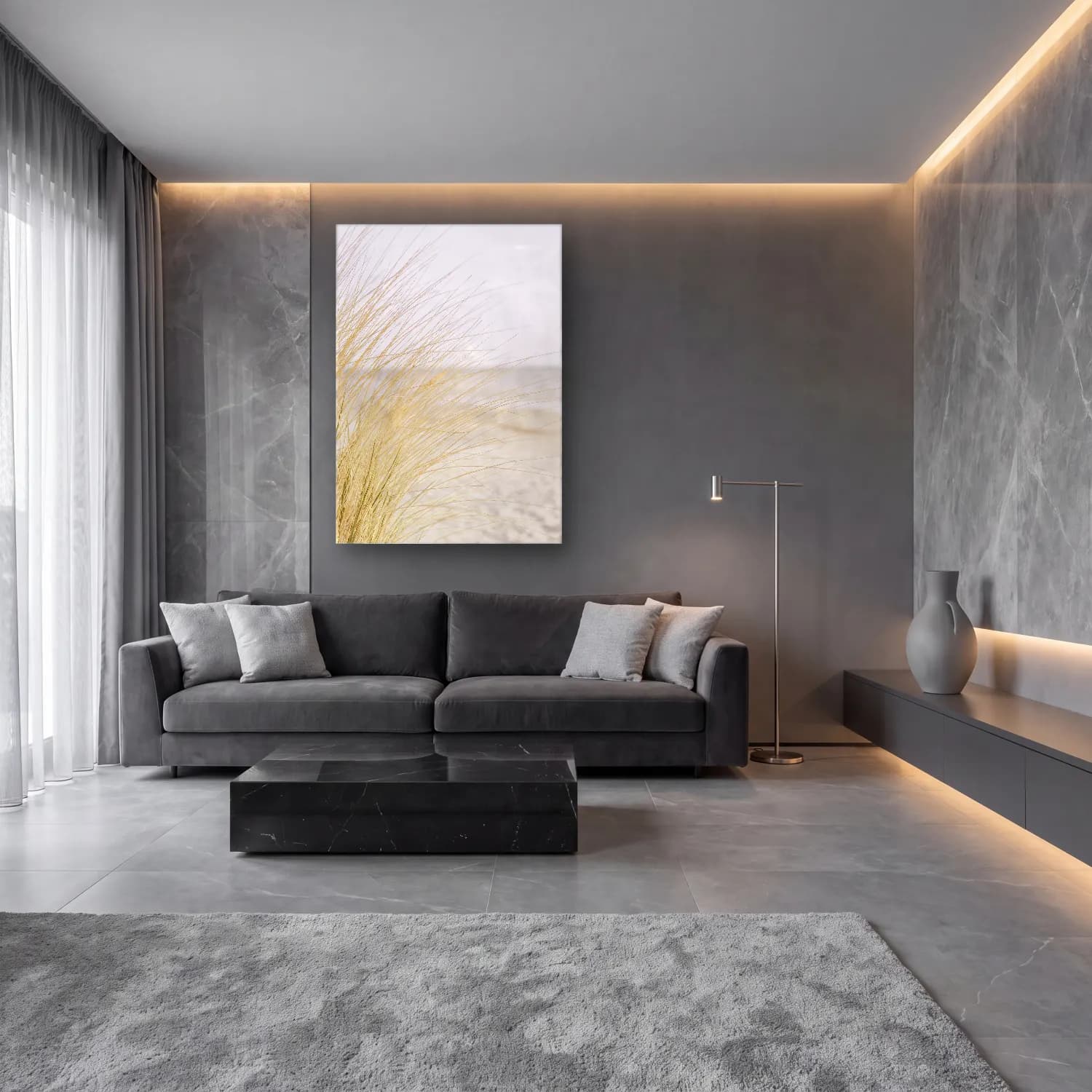 Pastel Çöl Kumulları No. 3 cam tablo — lüks salon duvarında