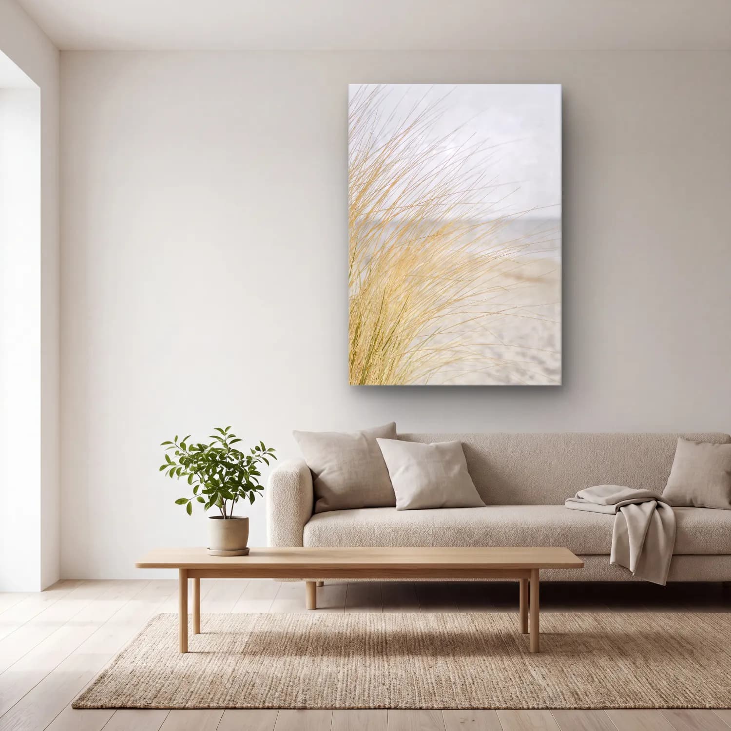 Pastel Çöl Kumulları No. 3 cam tablo — açık renk salonda