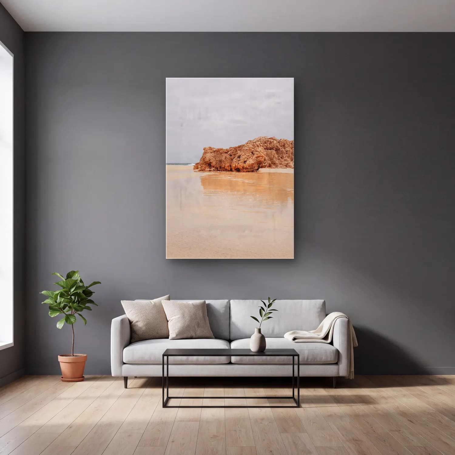 Pastel Dalgalı Sahil No. 10 cam tablo — gri duvarlı salonda