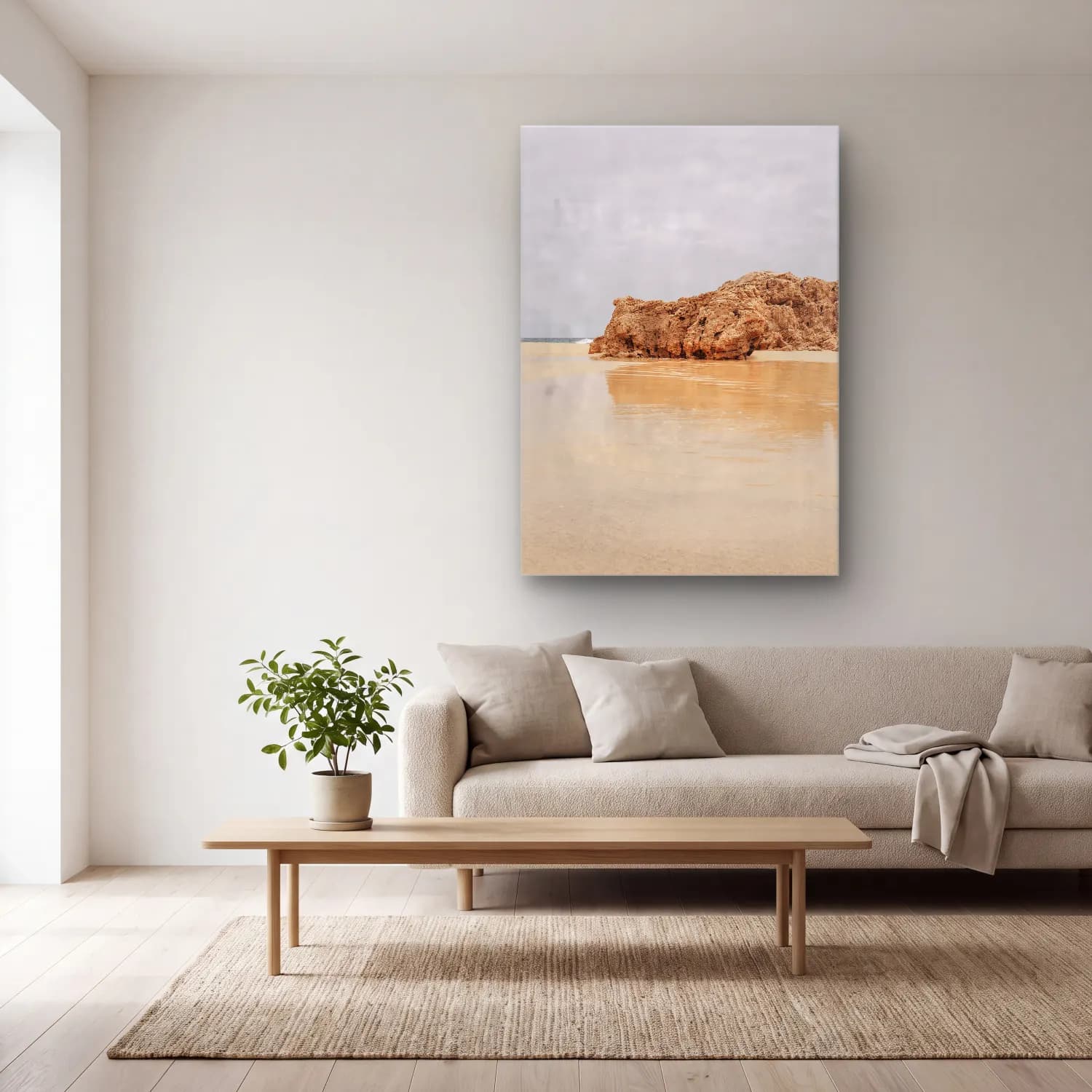 Pastel Dalgalı Sahil No. 10 cam tablo — açık renk salonda