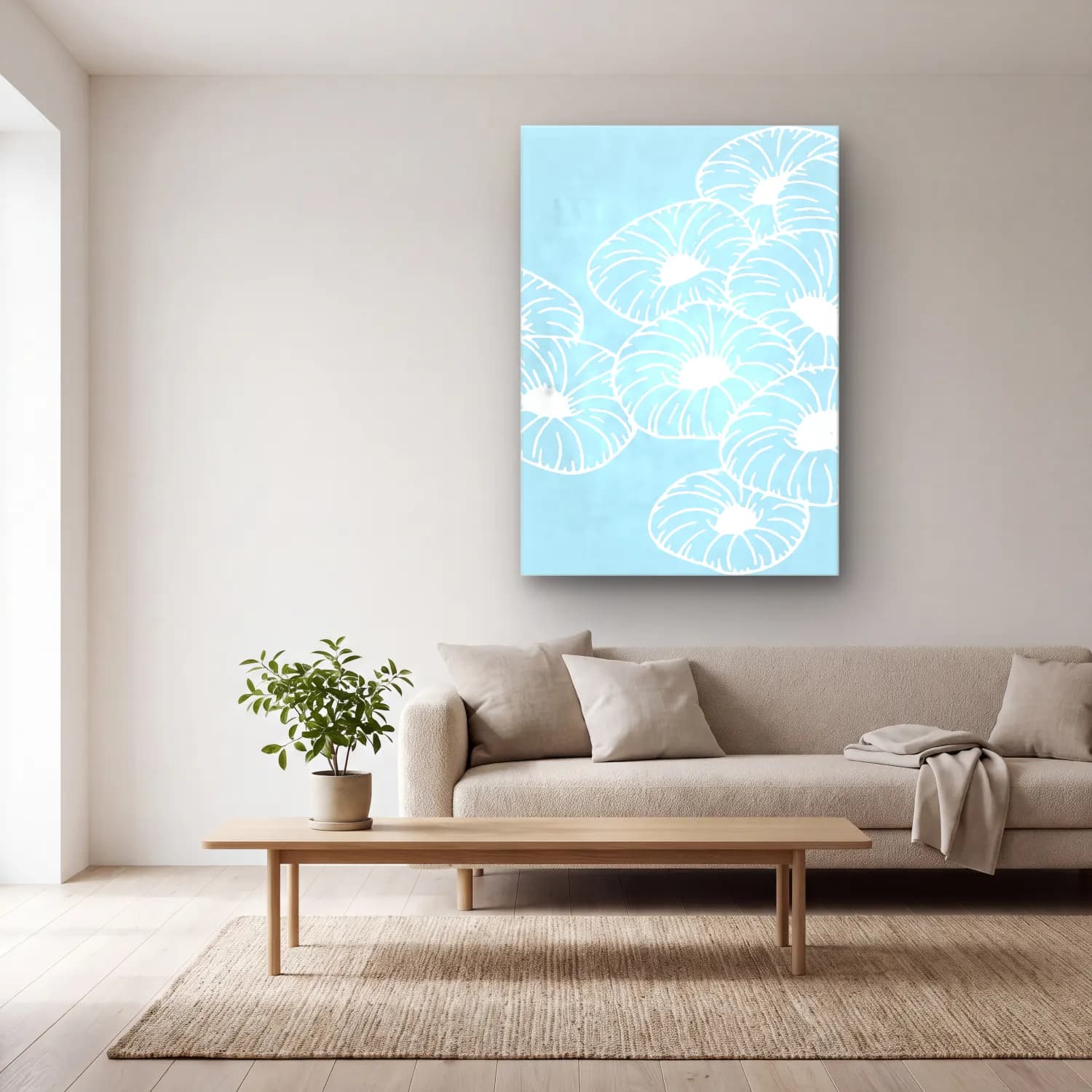 Pastel Çiçek Deseni No. 22 cam tablo — açık renk salonda