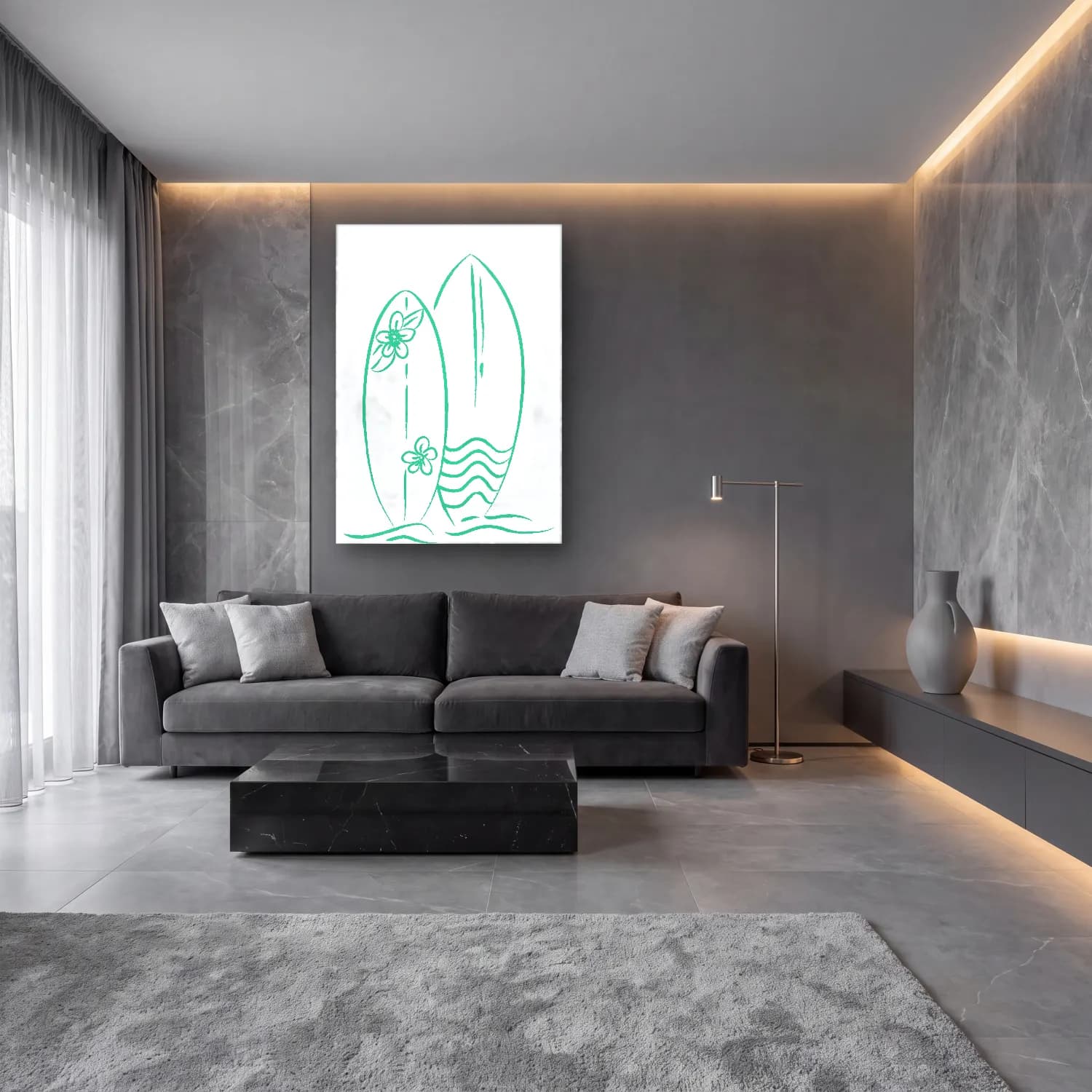 Çizgi Sanatı Sörf – Turkuaz Tonlar cam tablo — lüks salon duvarında