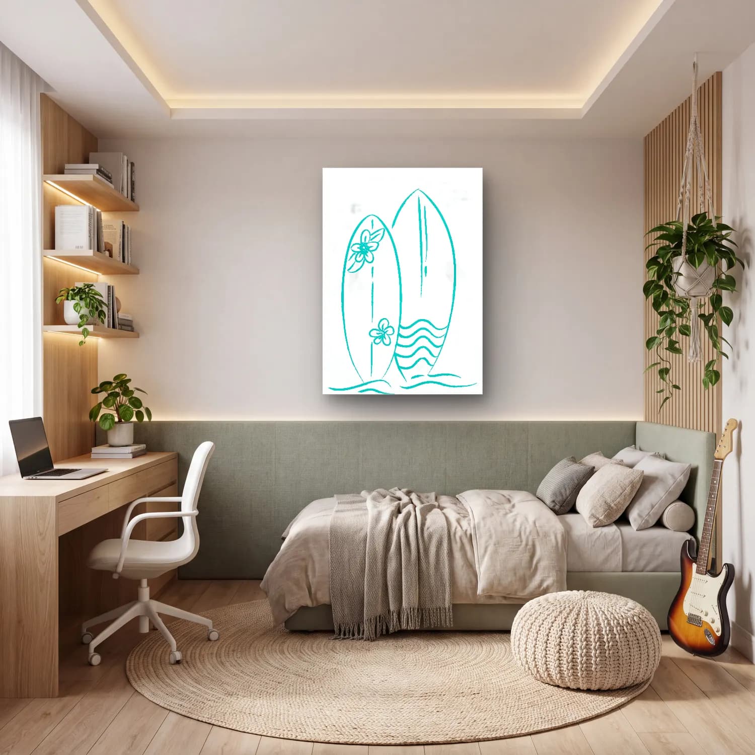 Çizgi Sanatı Sörf – Turkuaz Tonlar cam tablo — genç odasında