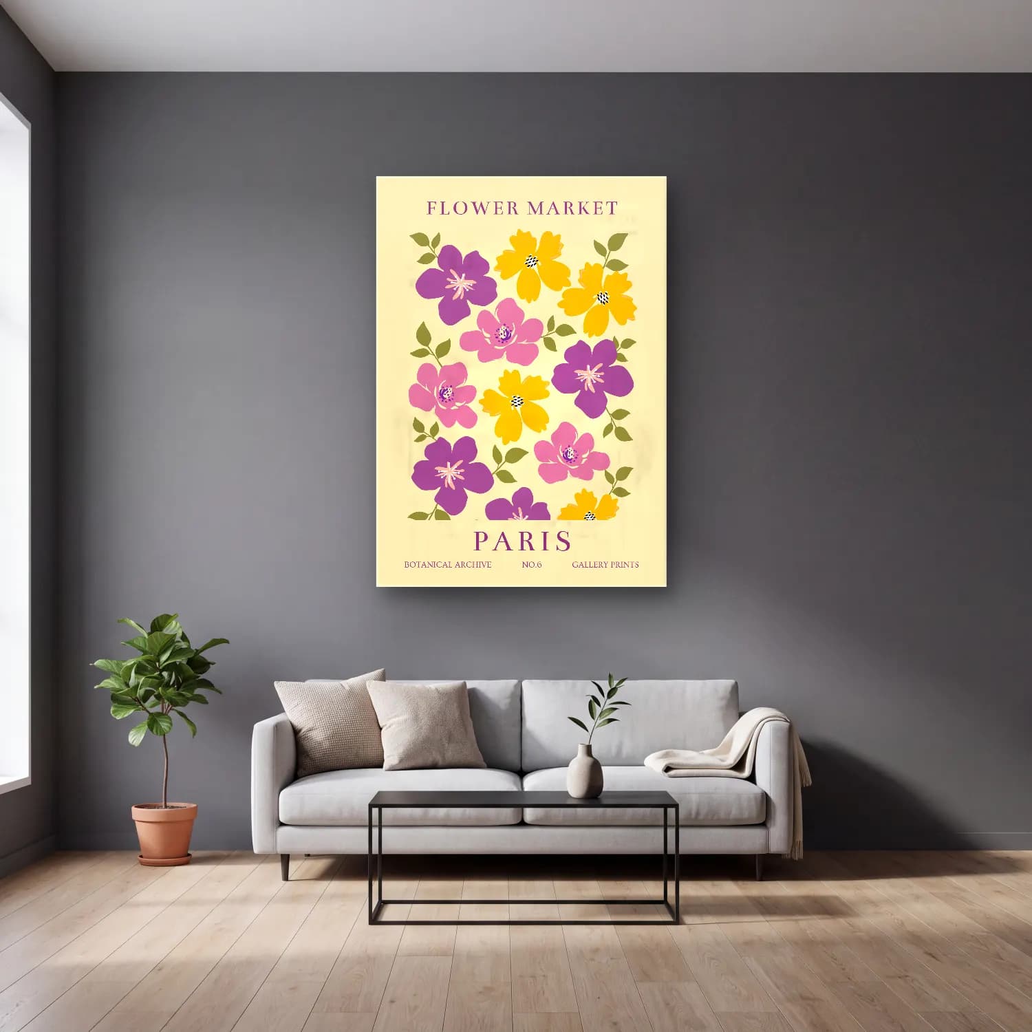 Pastel Çiçek Deseni – Sarı Tonlar cam tablo — gri duvarlı salonda