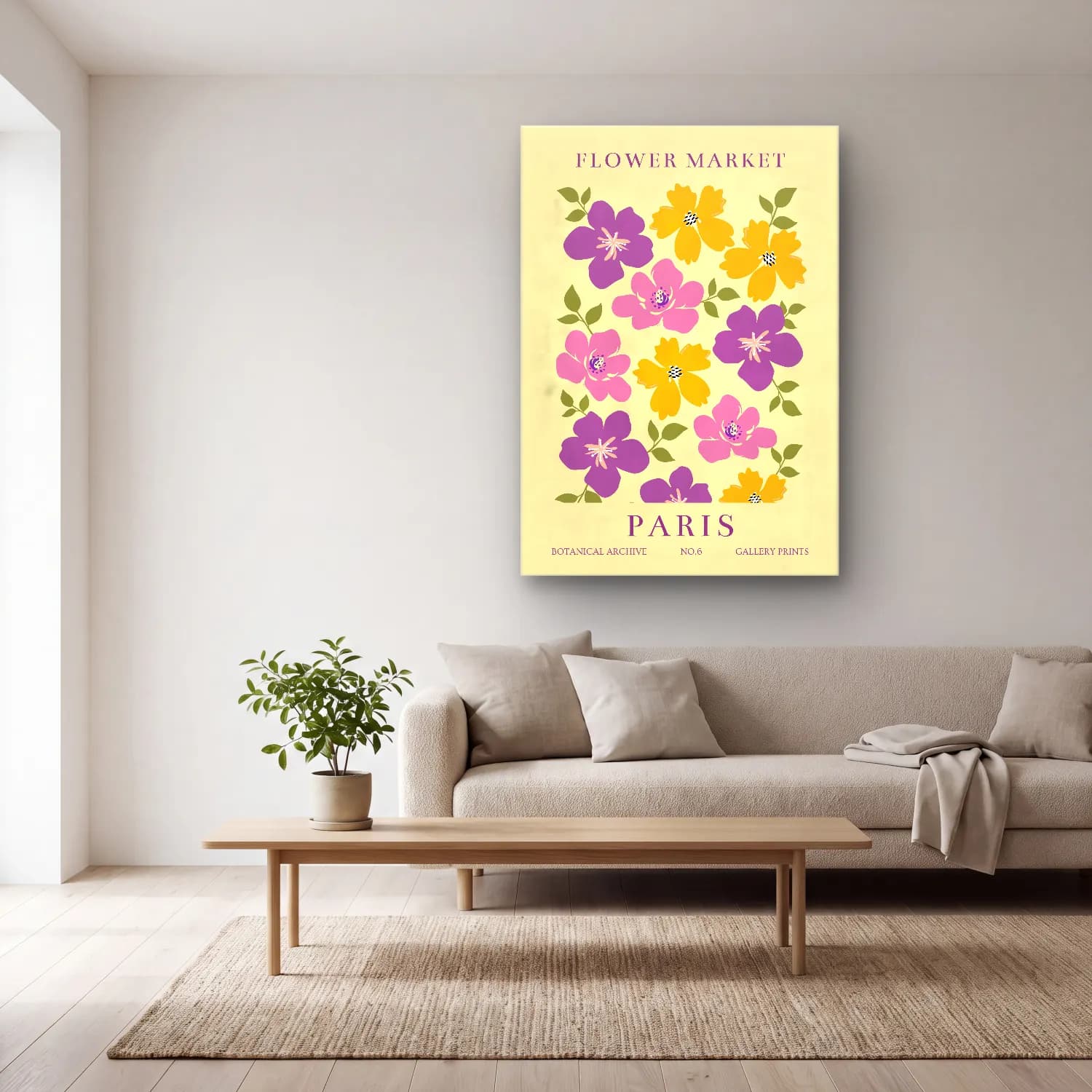 Pastel Çiçek Deseni – Sarı Tonlar cam tablo — açık renk salonda