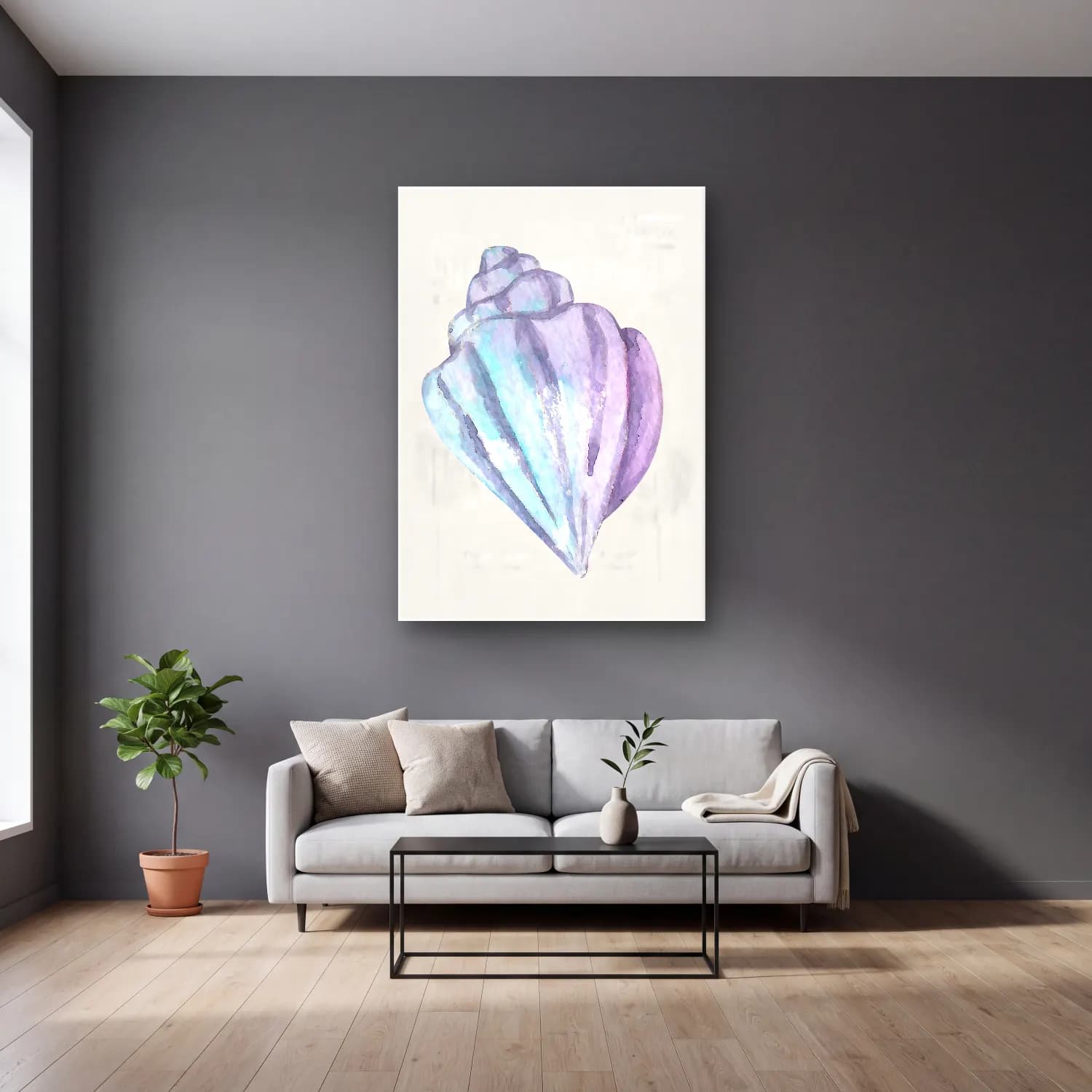 Pastel Deniz Kabukları No. 21 cam tablo — gri duvarlı salonda