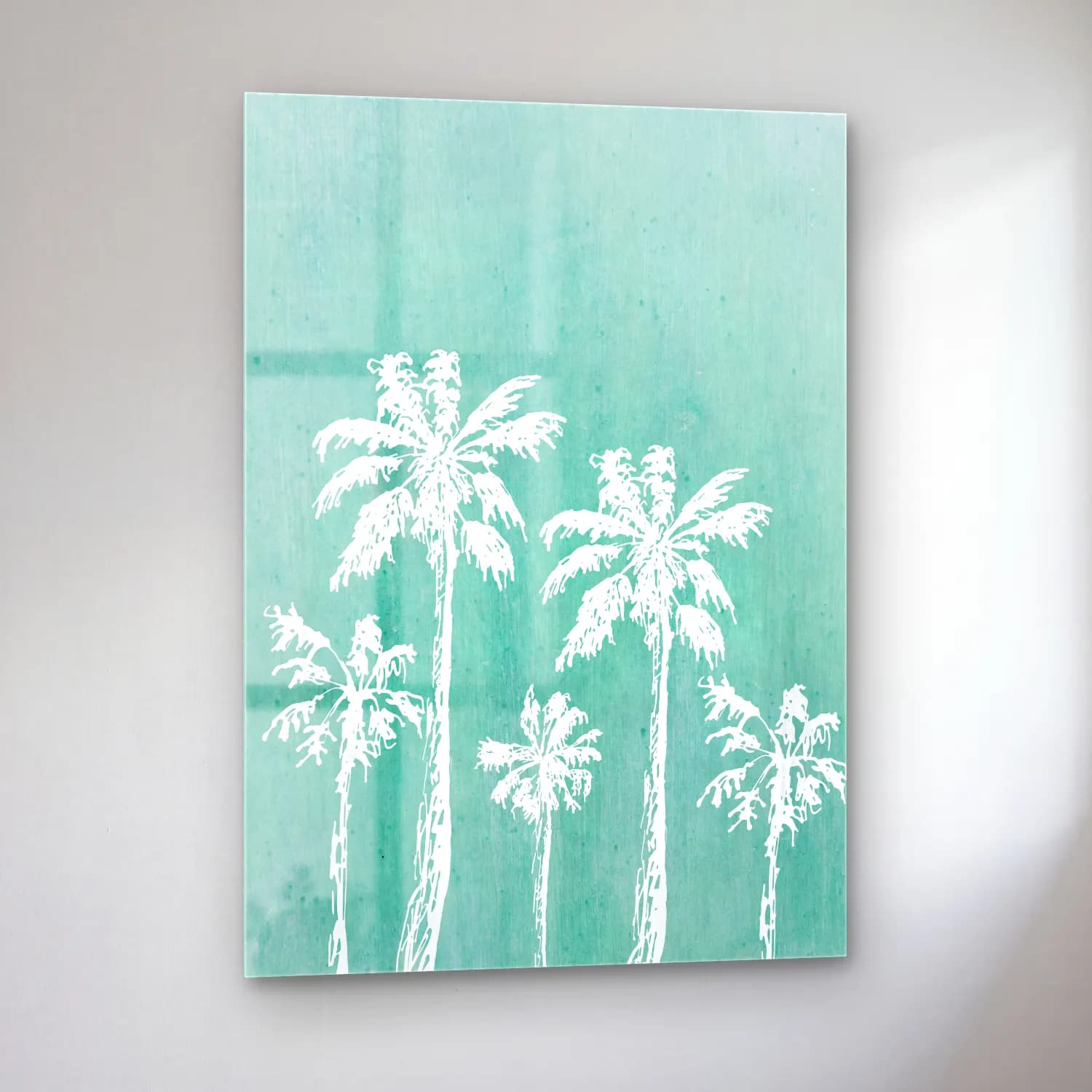 Pastel Palmiyeli Tropik Sahil No. 13 cam tablo — sol açıdan görünüm