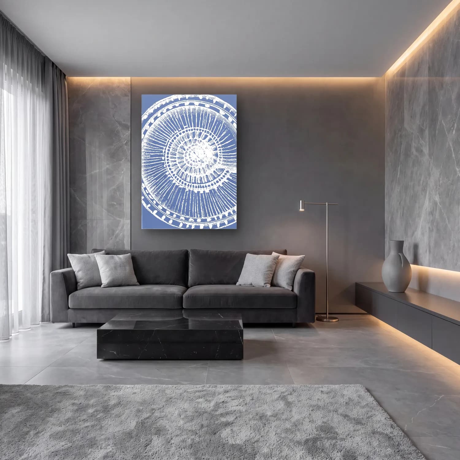 Boho Deniz Kabukları No. 6 cam tablo — lüks salon duvarında