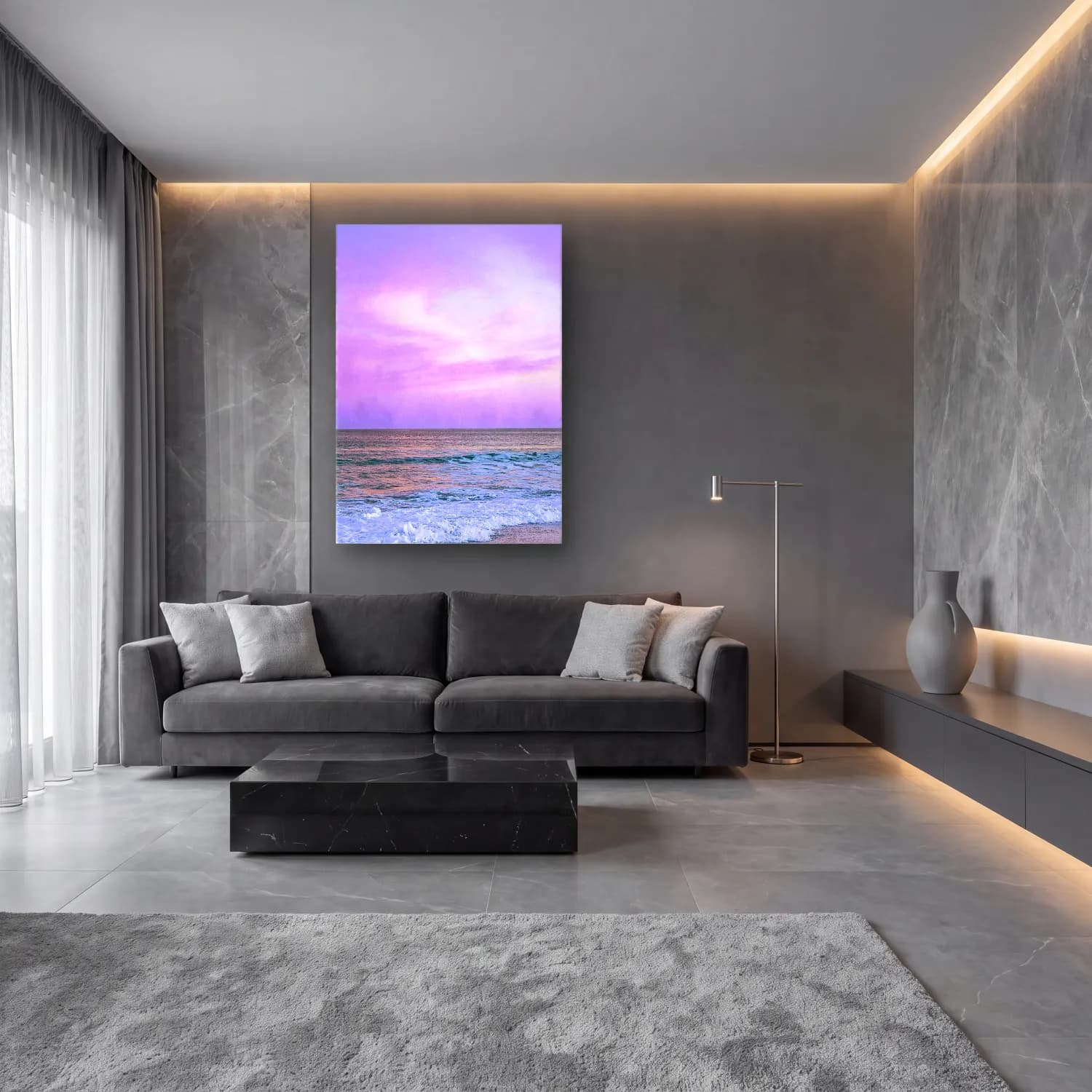 Pastel Sakin Deniz Ufku No. 5 cam tablo — lüks salon duvarında