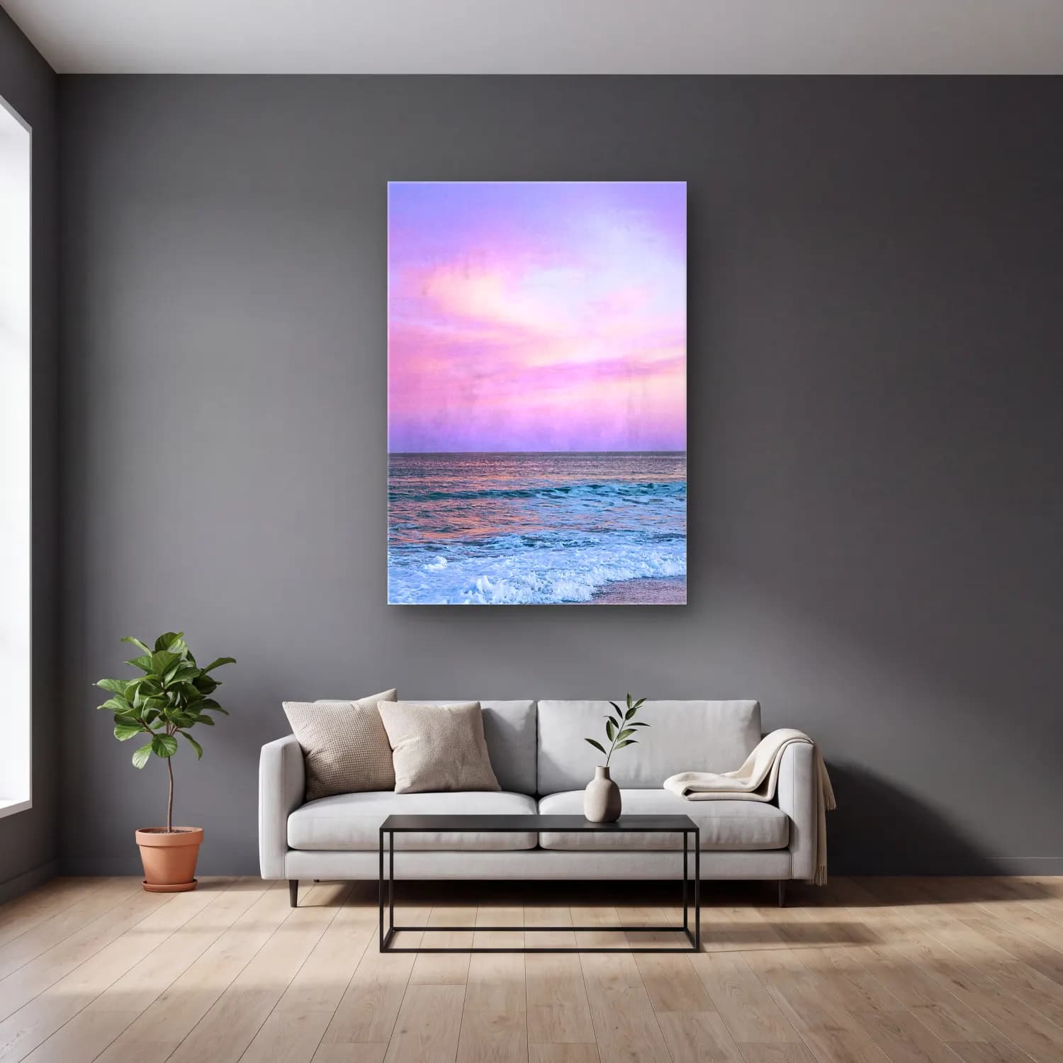 Pastel Sakin Deniz Ufku No. 5 cam tablo — gri duvarlı salonda