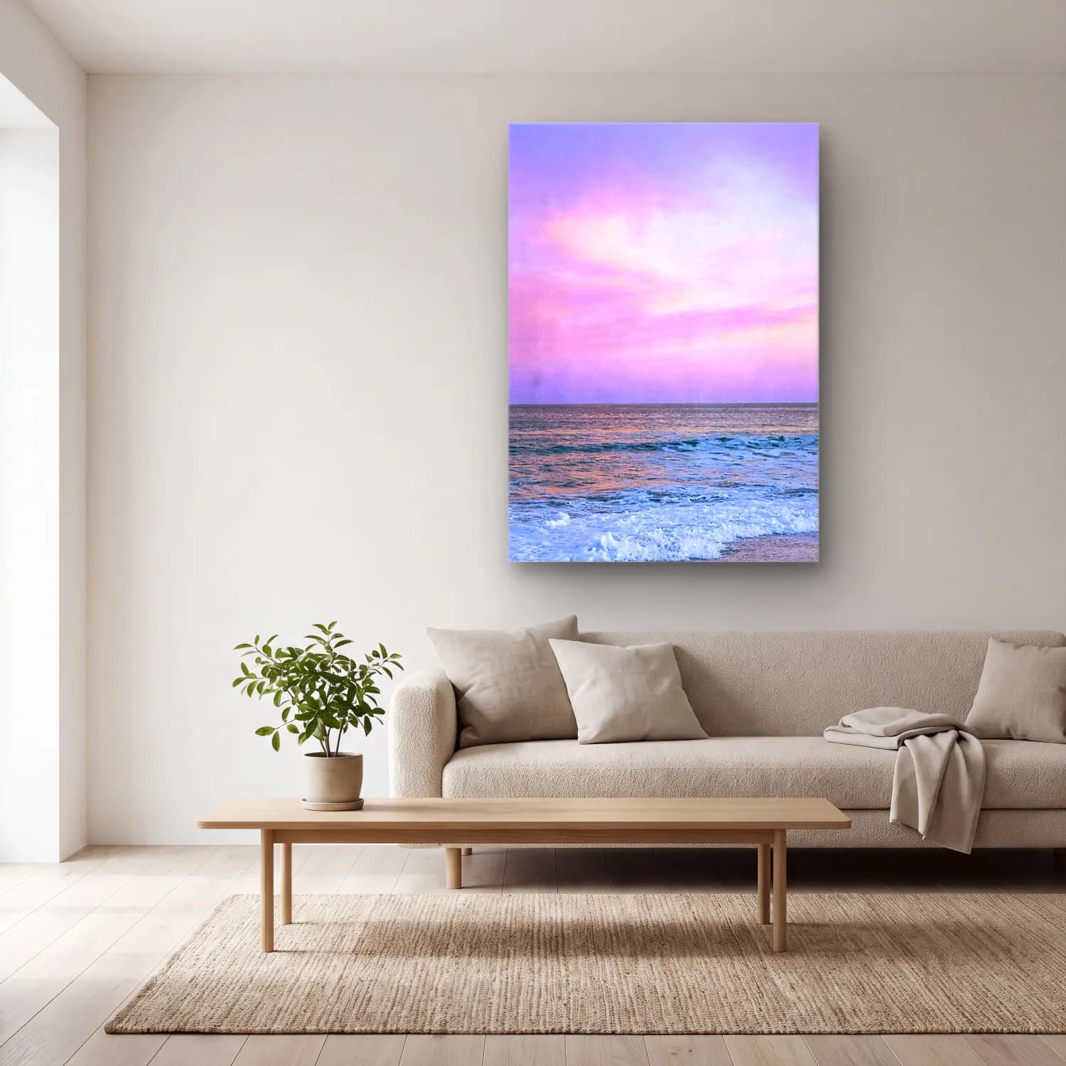 Pastel Sakin Deniz Ufku No. 5 cam tablo — açık renk salonda