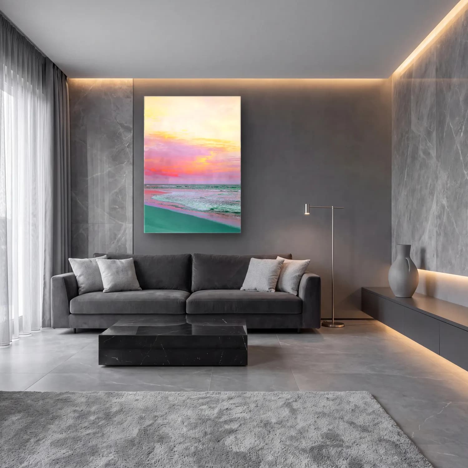 Pastel Dalgalı Sahil No. 12 cam tablo — lüks salon duvarında