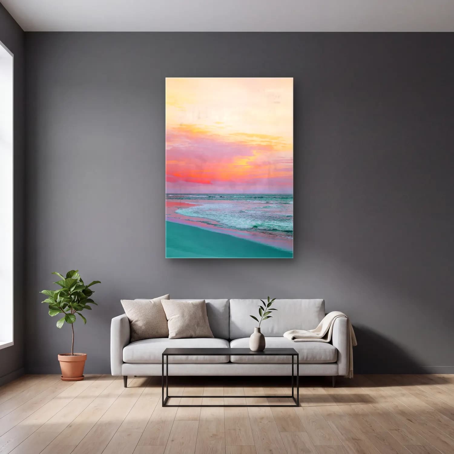 Pastel Dalgalı Sahil No. 12 cam tablo — gri duvarlı salonda