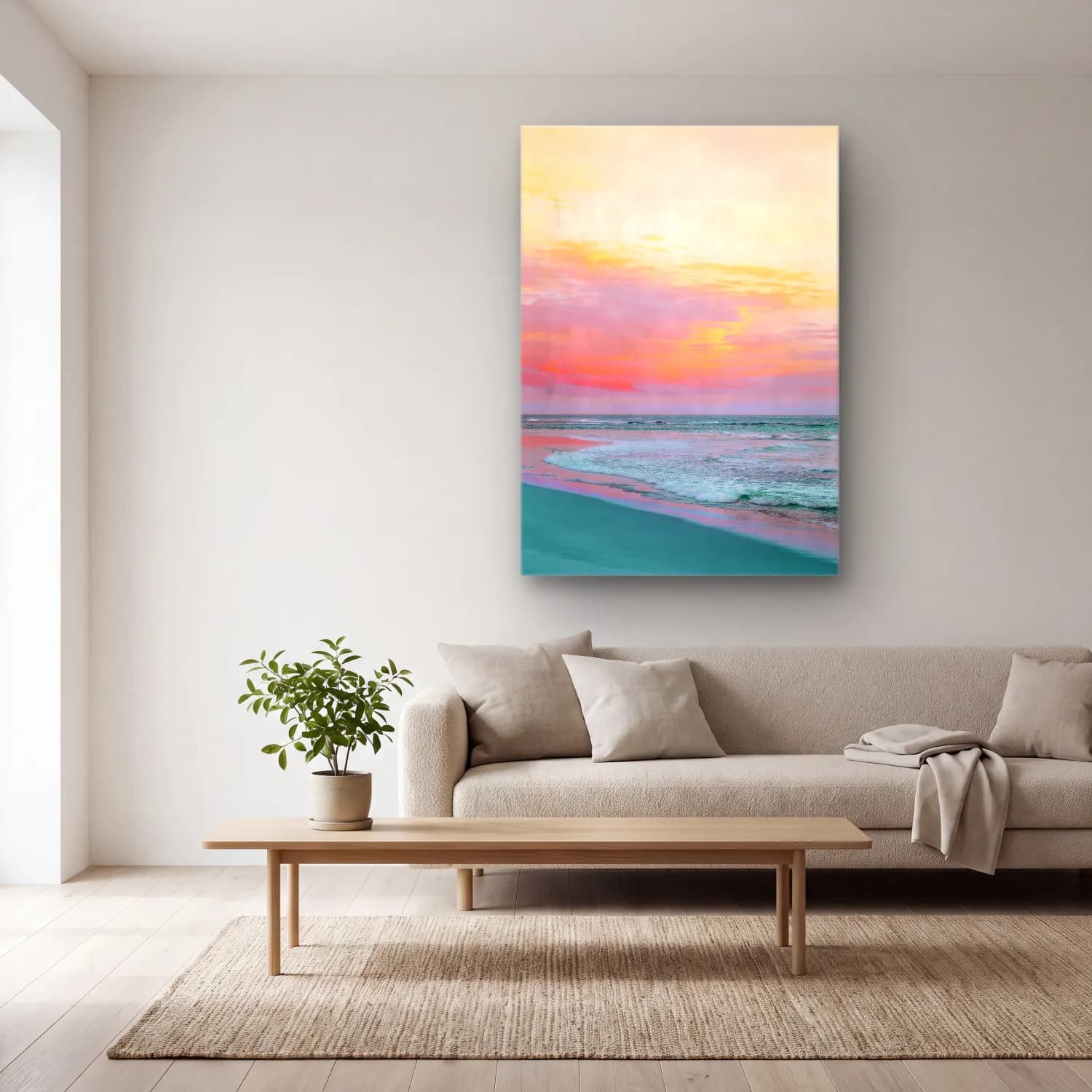 Pastel Dalgalı Sahil No. 12 cam tablo — açık renk salonda
