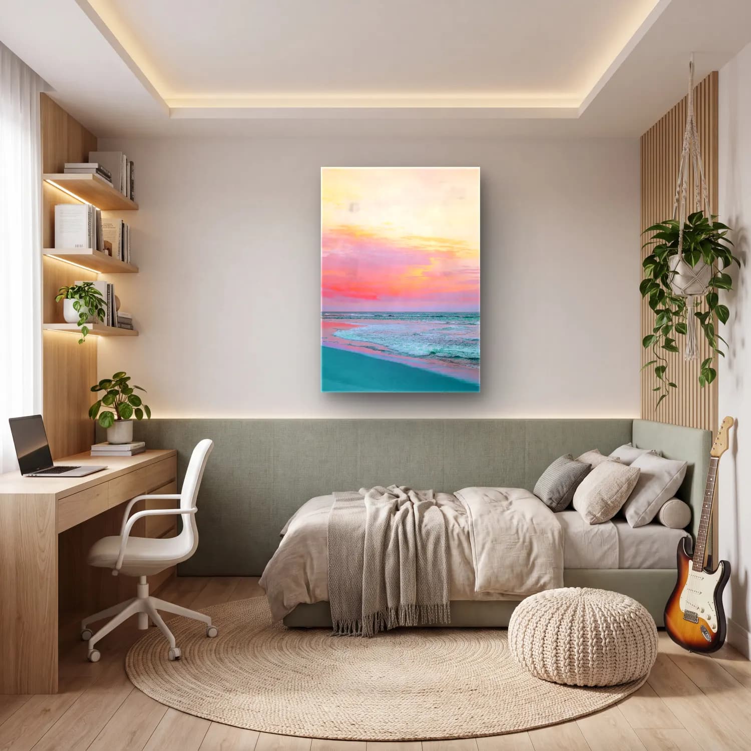 Pastel Dalgalı Sahil No. 12 cam tablo — genç odasında