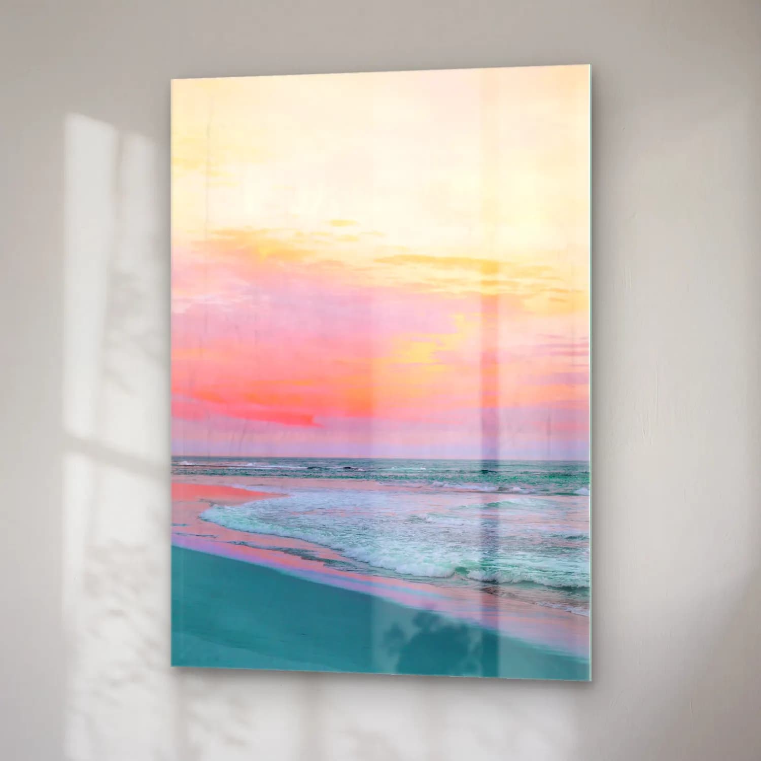 Pastel Dalgalı Sahil No. 12 cam tablo — sağ açıdan görünüm
