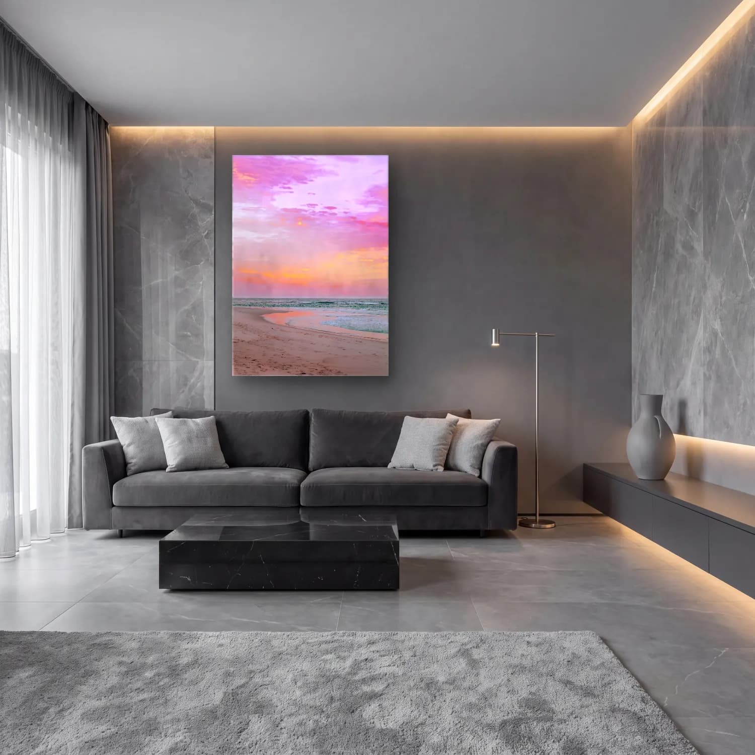 Pastel Gün Batımı Gökyüzü No. 6 cam tablo — lüks salon duvarında
