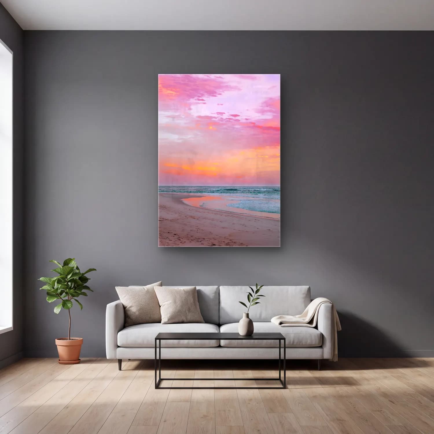 Pastel Gün Batımı Gökyüzü No. 6 cam tablo — gri duvarlı salonda