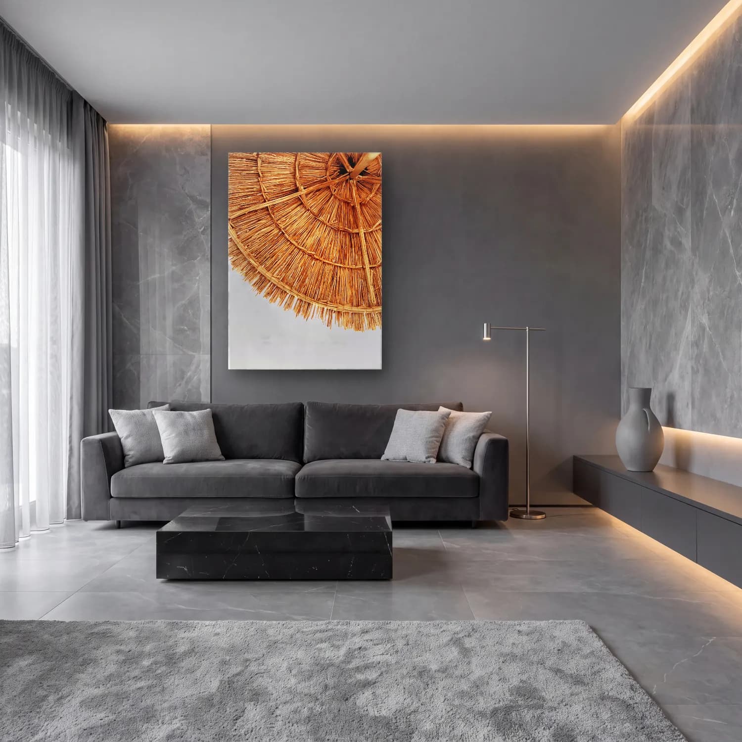 Boho Plaj Şemsiyeleri – Bej Tonlar cam tablo — lüks salon duvarında