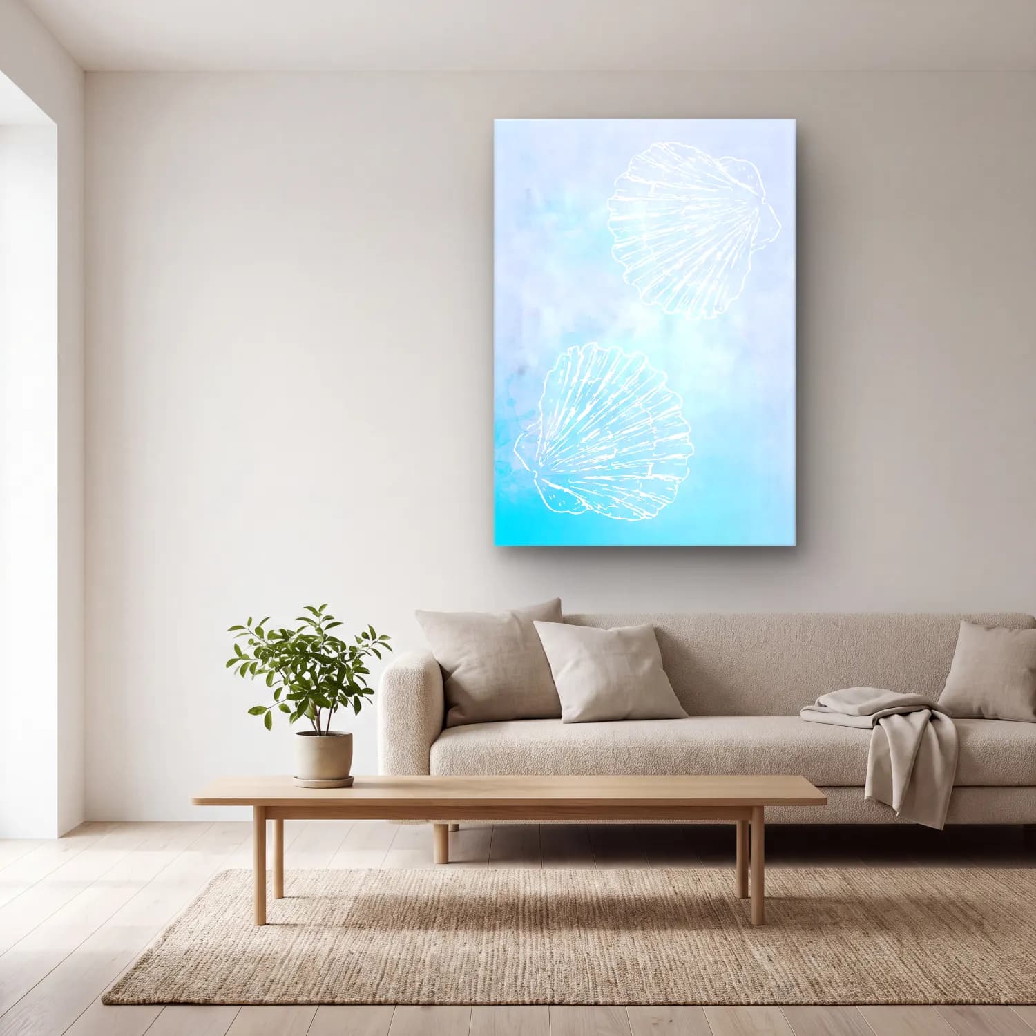 Pastel Deniz Kabukları No. 24 cam tablo — açık renk salonda