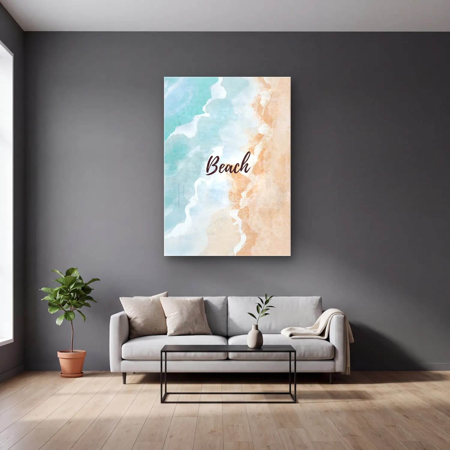 Pastel Dalgalı Sahil No. 13 cam tablo — gri duvarlı salonda