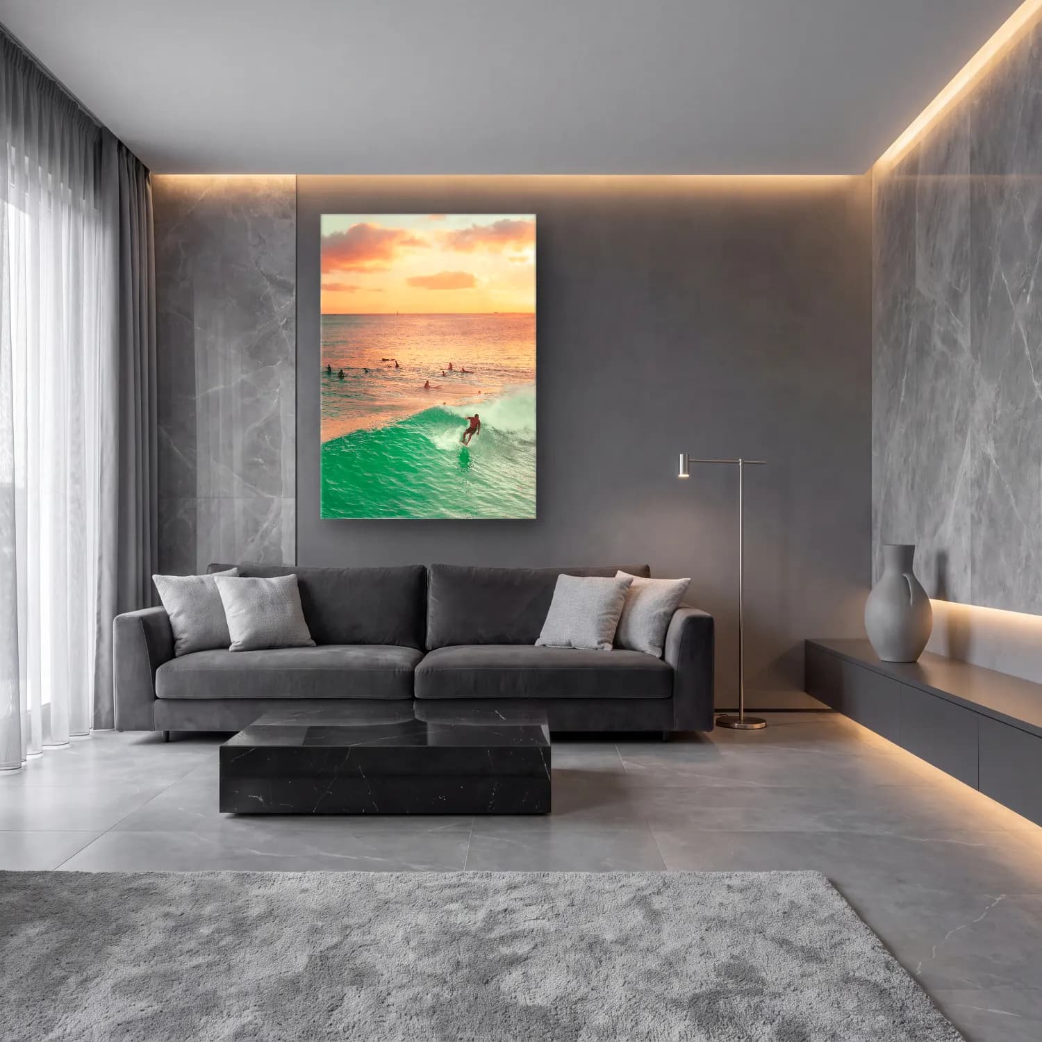 Pastel Sahilde İnsanlar No. 8 cam tablo — lüks salon duvarında