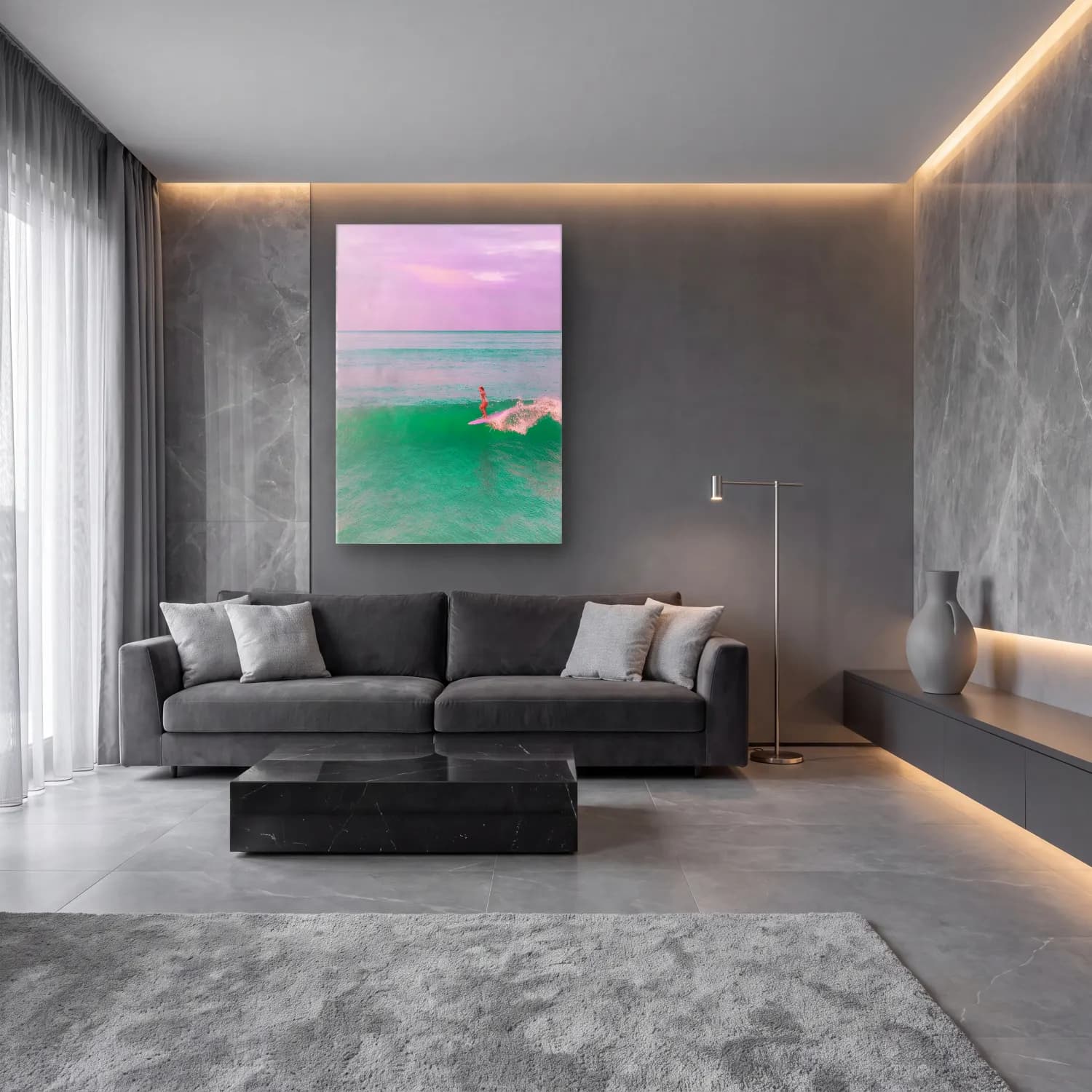 Pastel Sörf No. 3 cam tablo — lüks salon duvarında