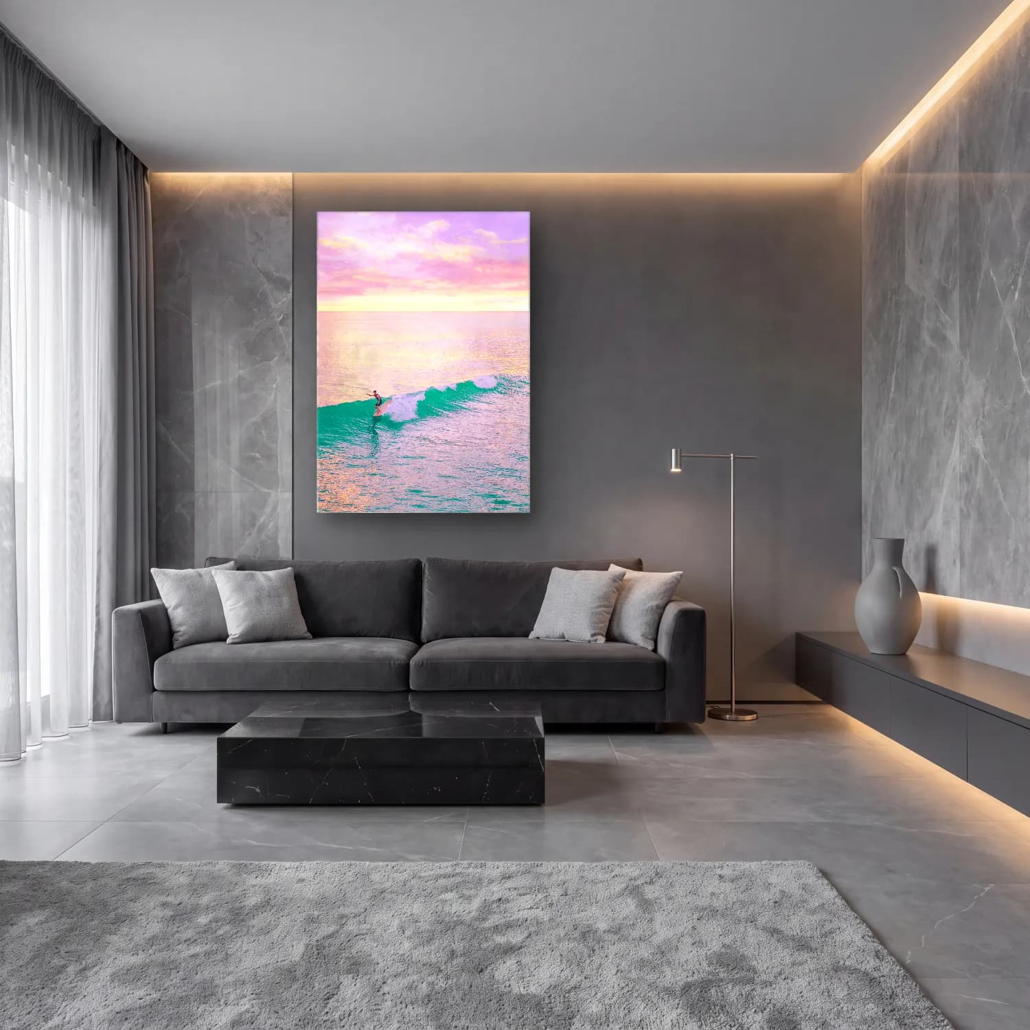 Pastel Sörf No. 5 cam tablo — lüks salon duvarında