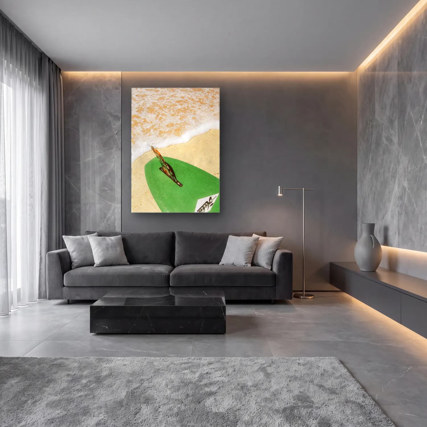 Modern Soyut Sörf cam tablo — lüks salon duvarında