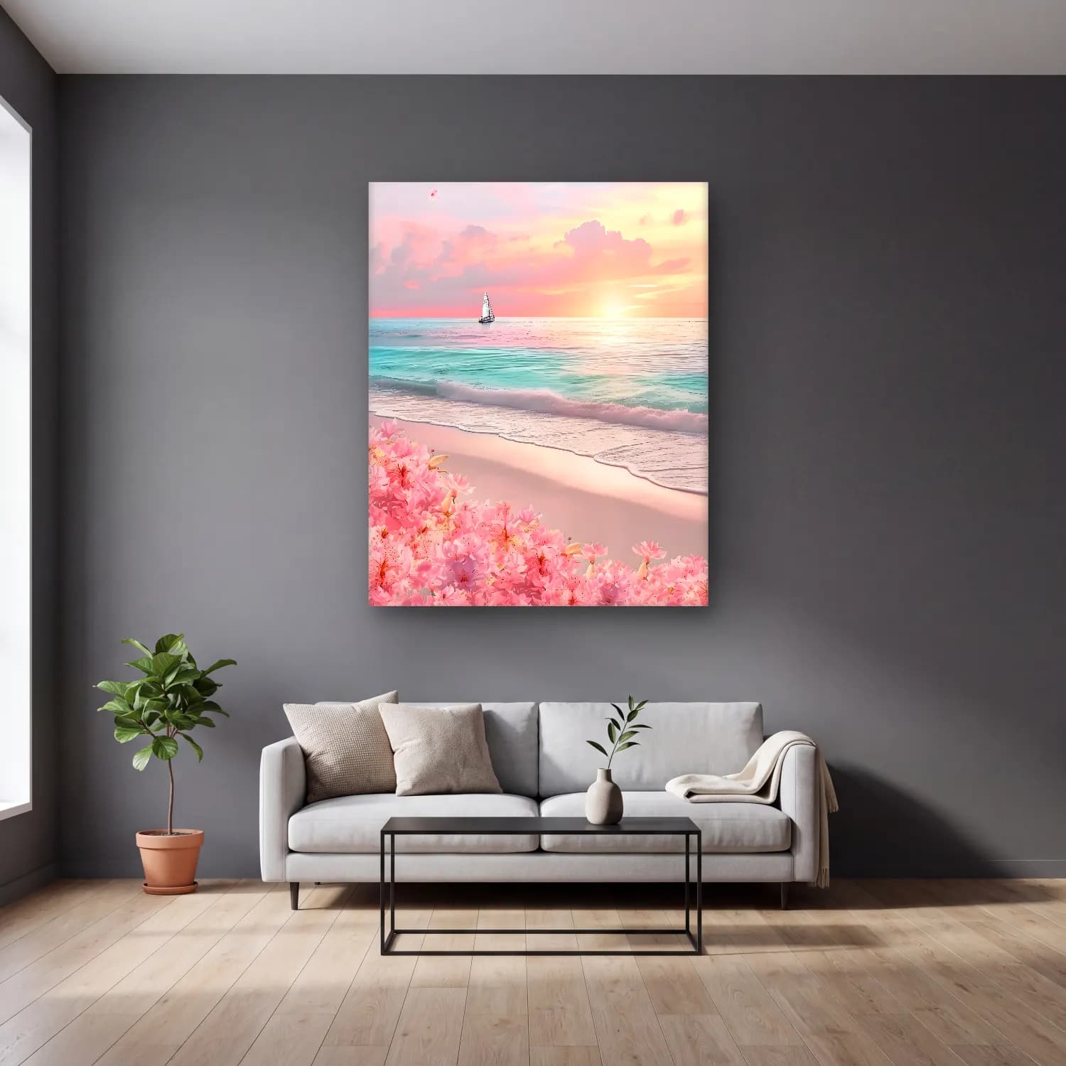 Pastel Dalgalı Sahil No. 14 cam tablo — gri duvarlı salonda