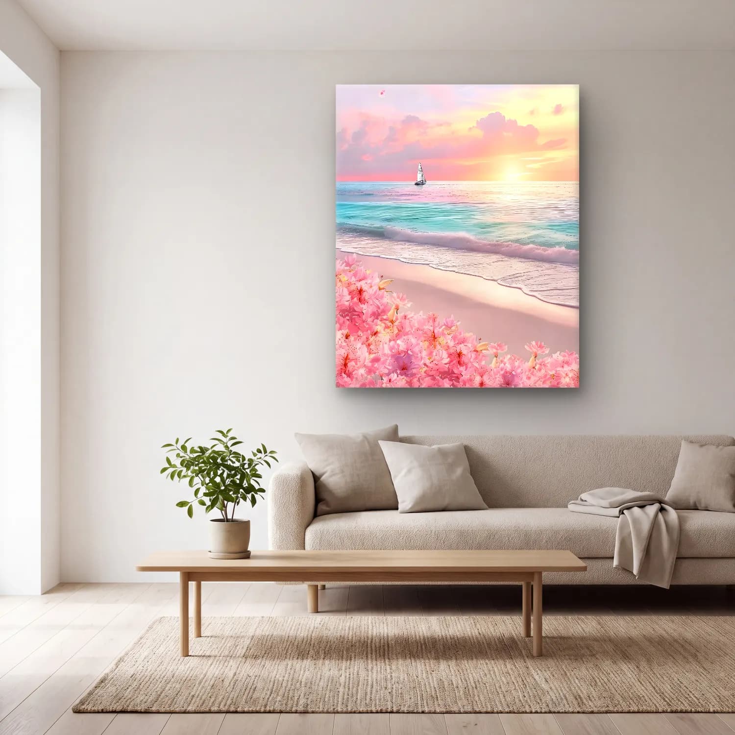 Pastel Dalgalı Sahil No. 14 cam tablo — açık renk salonda
