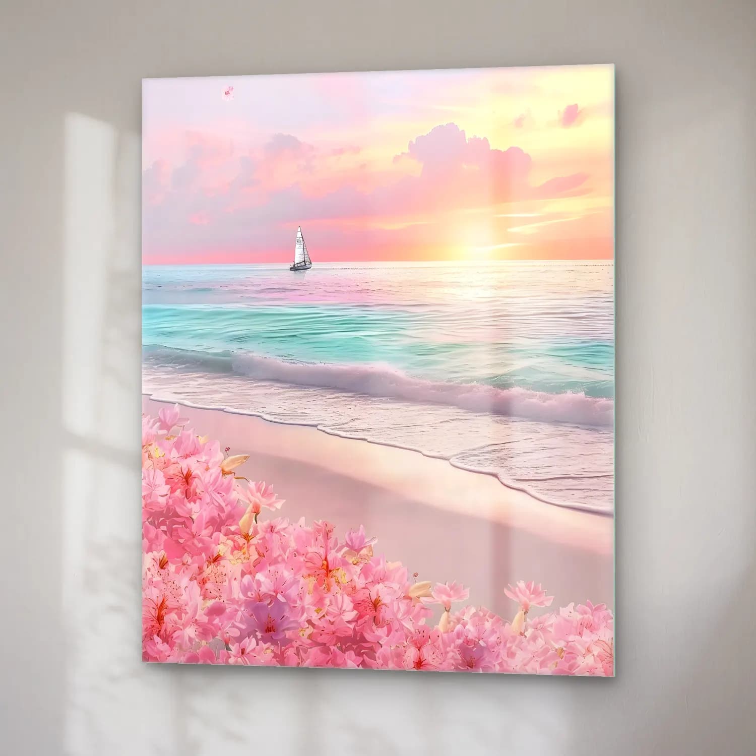 Pastel Dalgalı Sahil No. 14 cam tablo — sağ açıdan görünüm