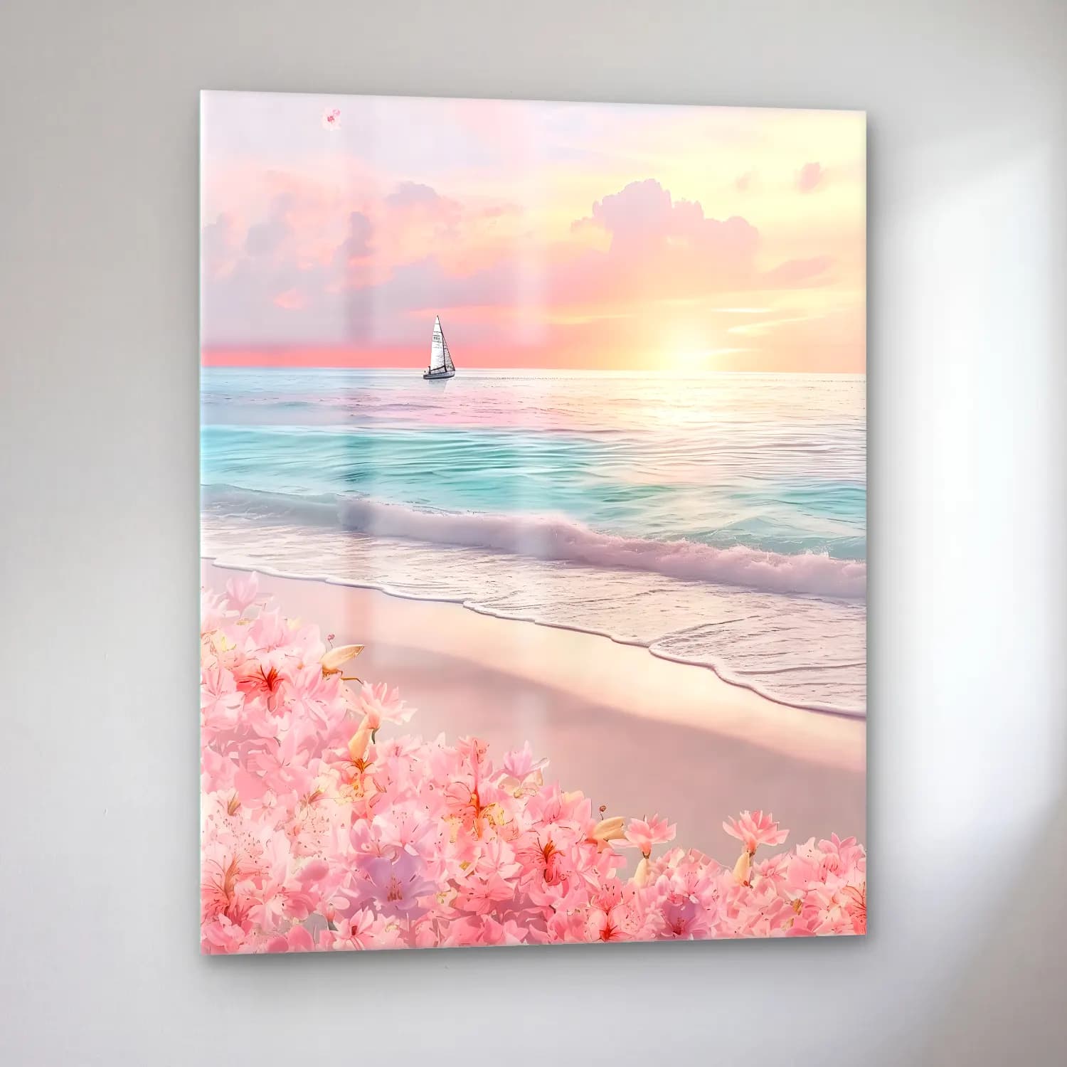 Pastel Dalgalı Sahil No. 14 cam tablo — sol açıdan görünüm