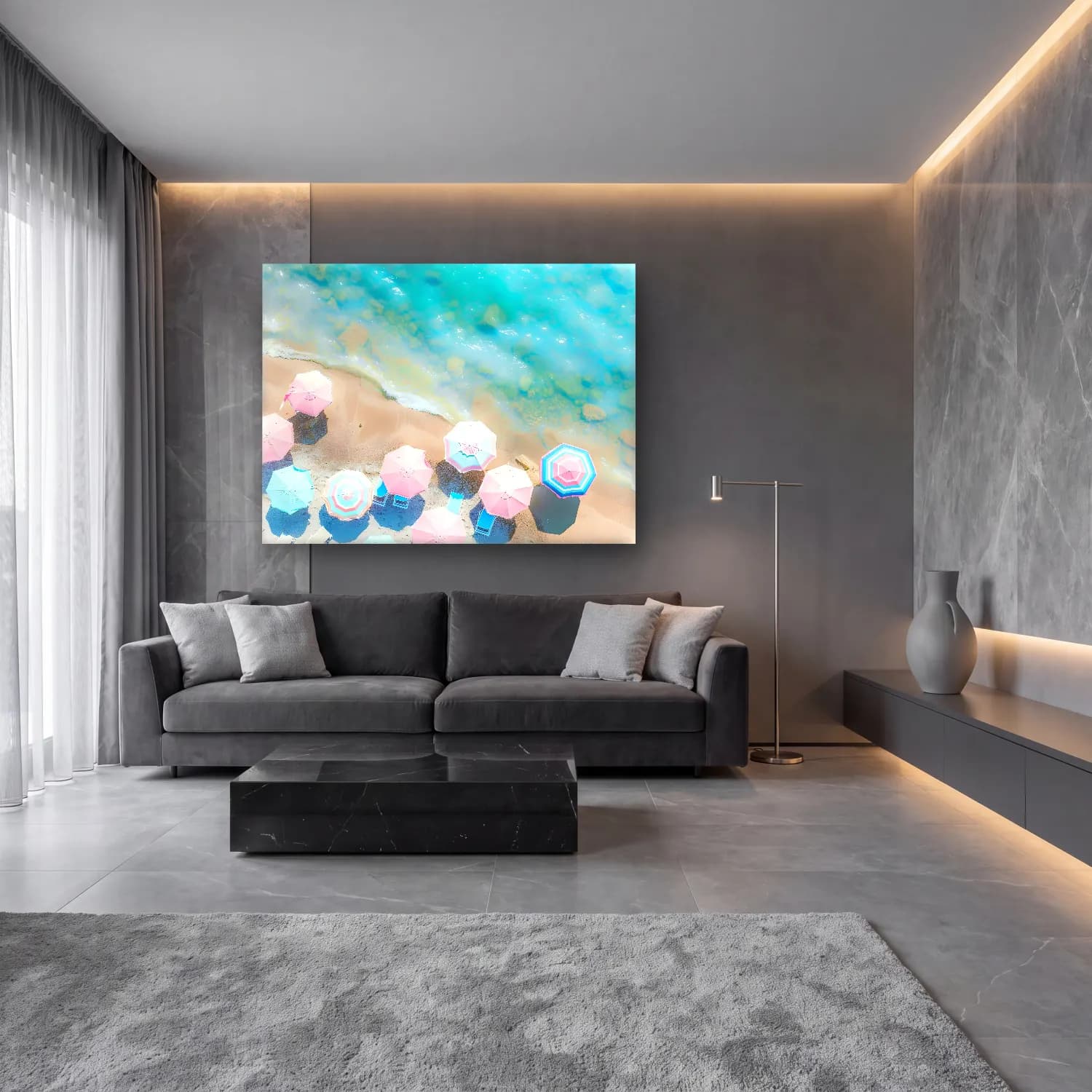 Pastel Plaj Şemsiyeleri No. 6 cam tablo — lüks salon duvarında
