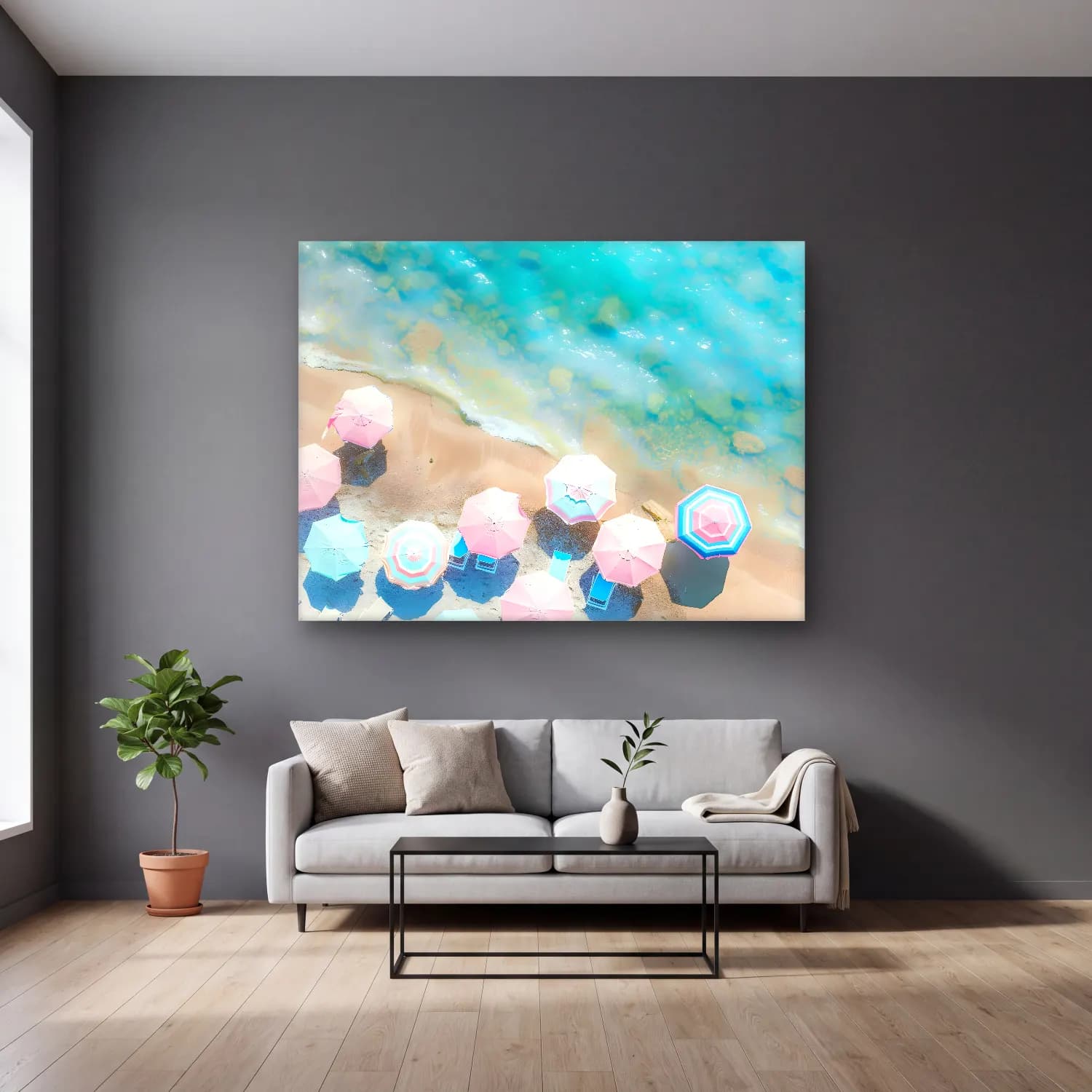 Pastel Plaj Şemsiyeleri No. 6 cam tablo — gri duvarlı salonda