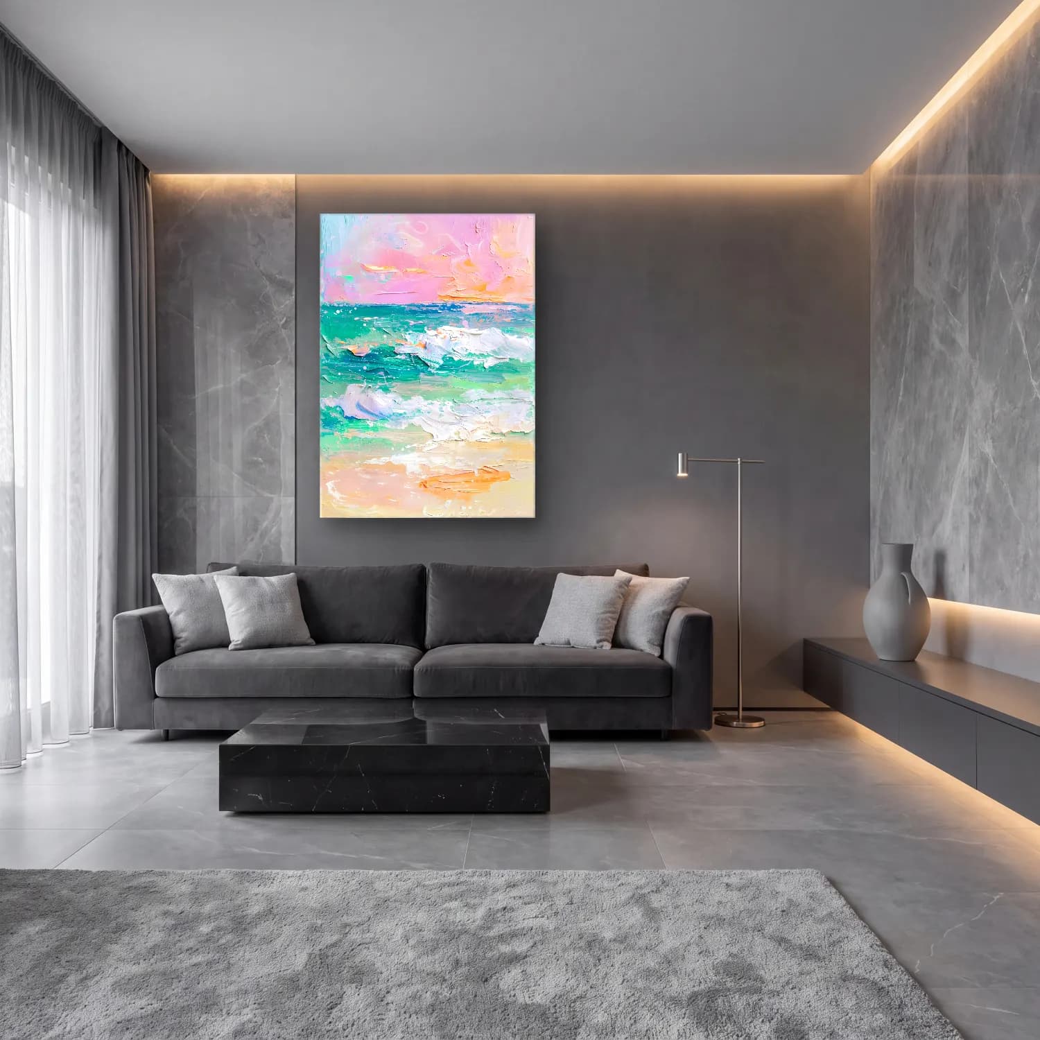 Yağlı Boya Dalgalı Sahil – Pembe Tonlar cam tablo — lüks salon duvarında