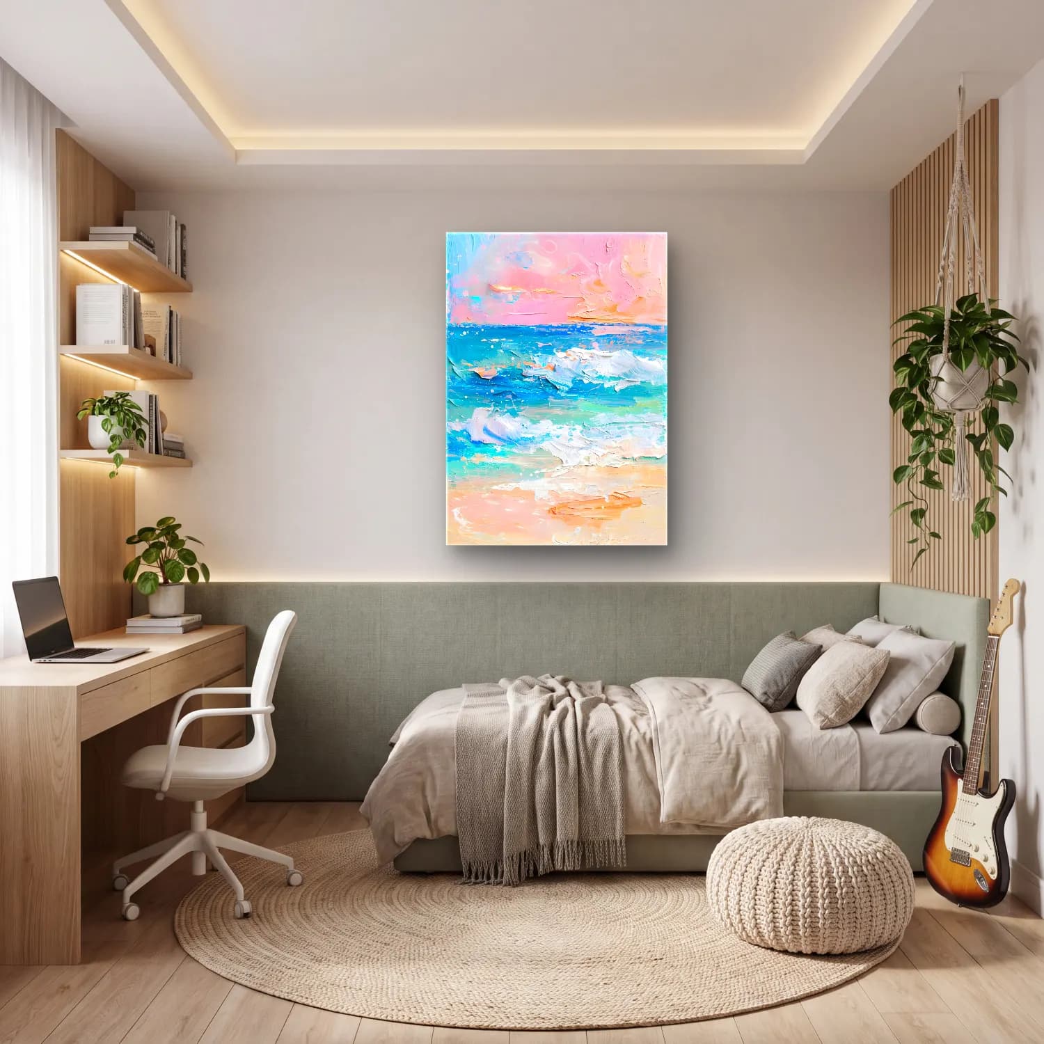 Yağlı Boya Dalgalı Sahil – Pembe Tonlar cam tablo — genç odasında