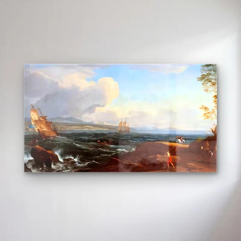 Adrien Manglard – Coastal Landscape cam tablo — Adrien Manglard – Coastal Landscape — yağlı boya fırtınalı denizde gemi