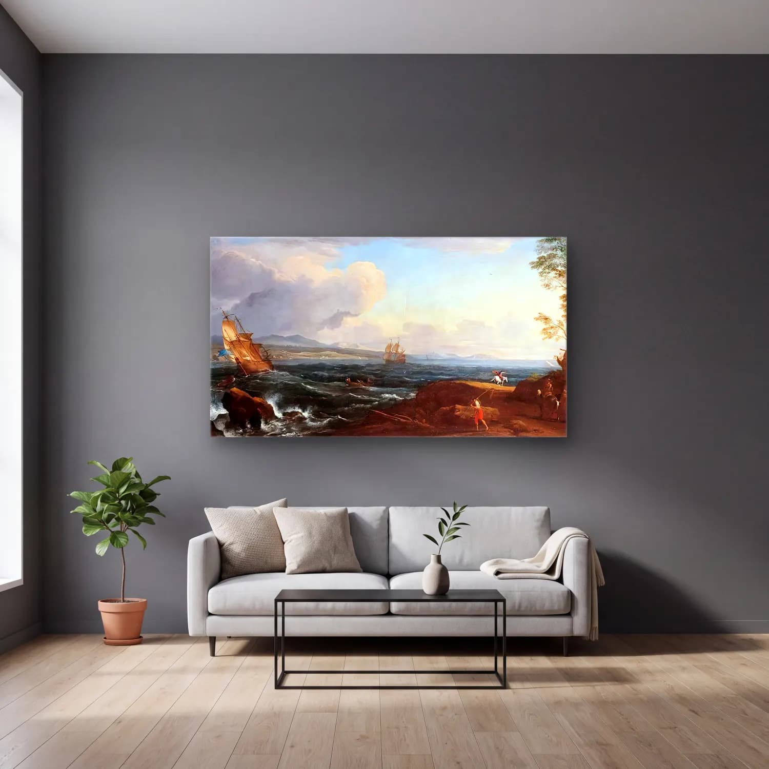 Adrien Manglard – Coastal Landscape cam tablo — gri duvarlı salonda