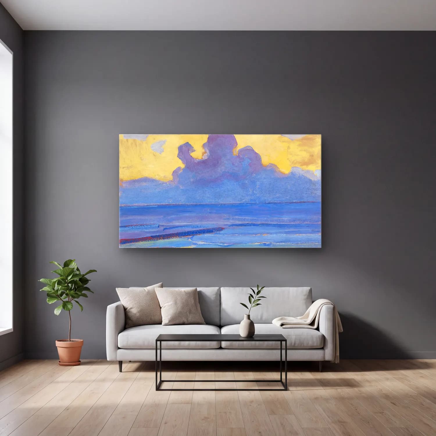 Piet Mondrian – By the Sea cam tablo — gri duvarlı salonda