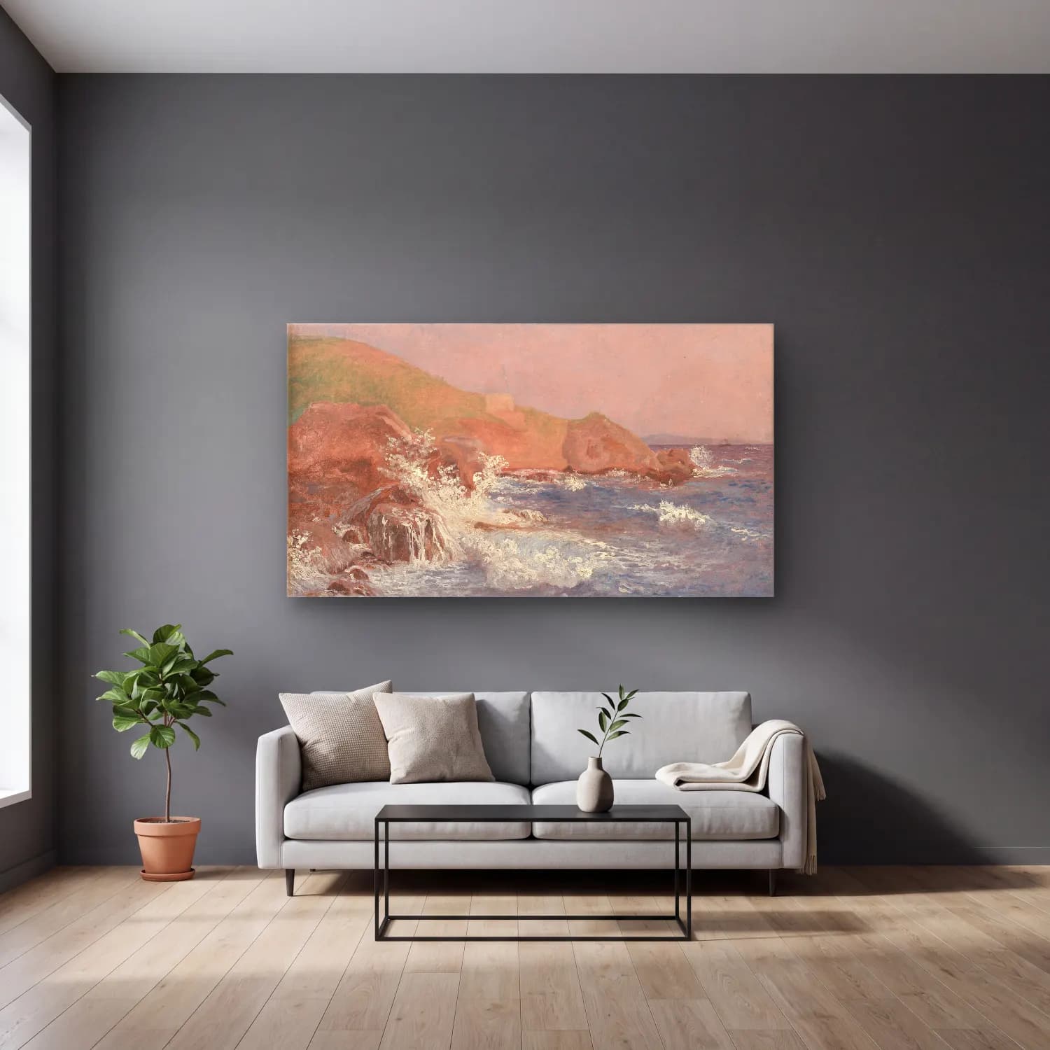 Christen Købke – Rocks and turbulent lake cam tablo — gri duvarlı salonda