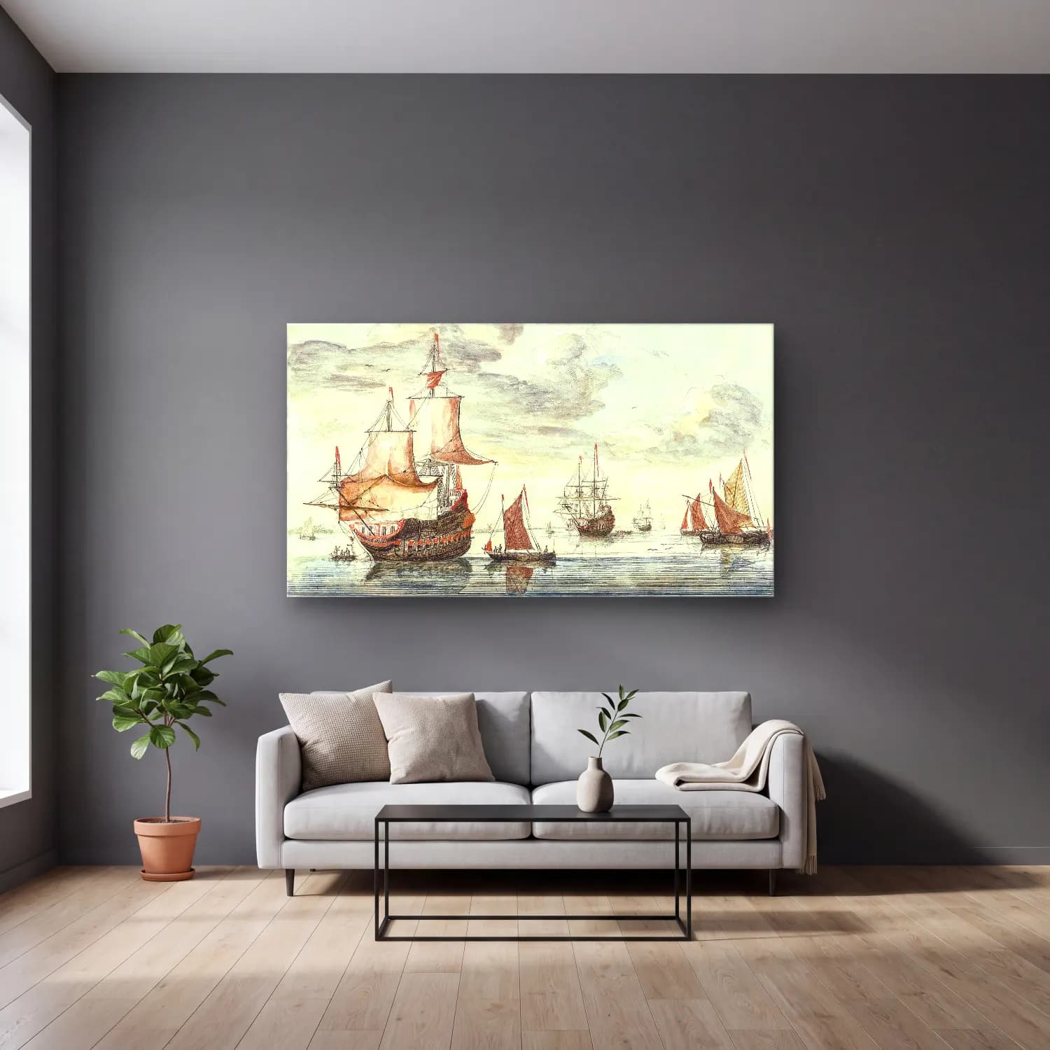 Johan Teyler – Ships on a calm sea cam tablo — gri duvarlı salonda