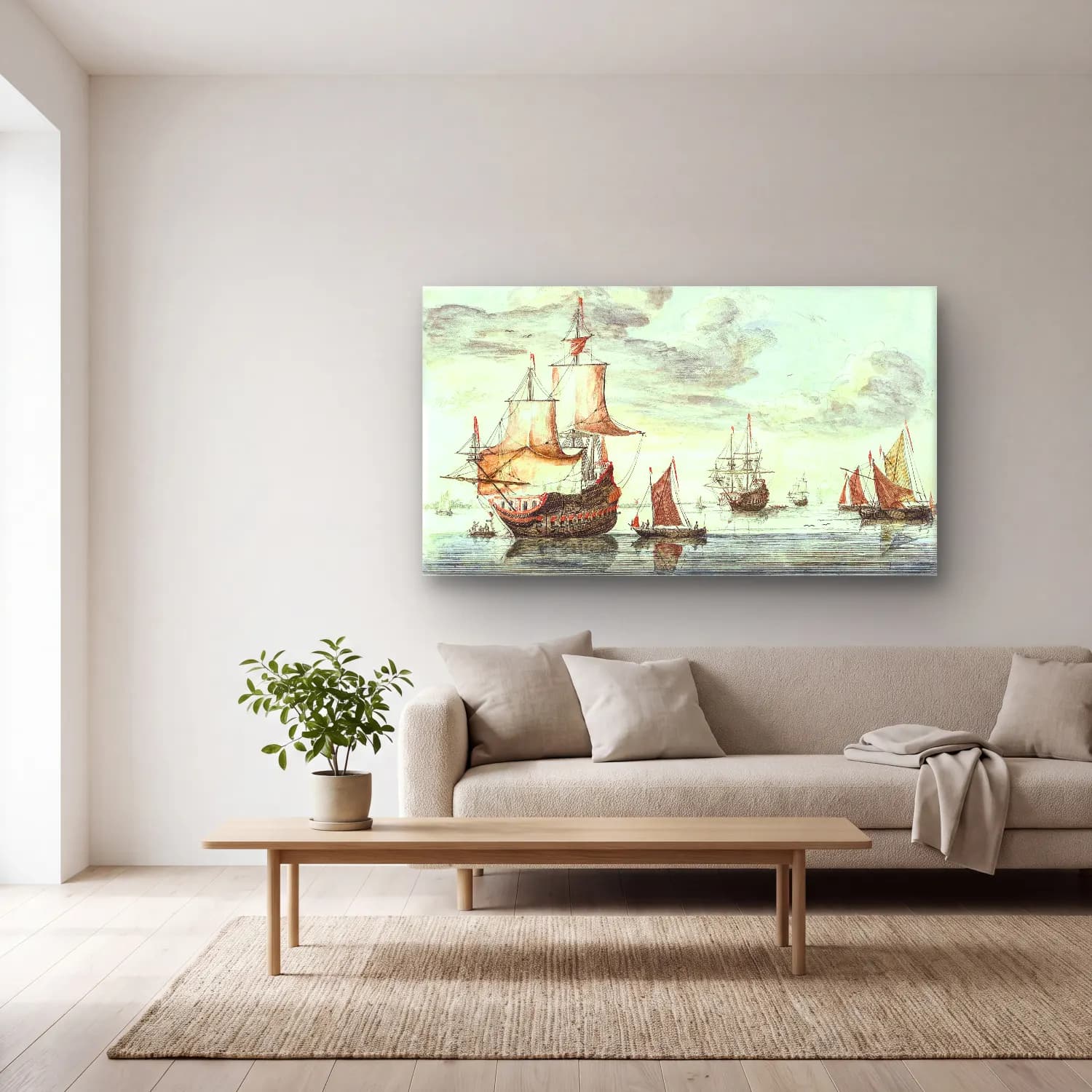 Johan Teyler – Ships on a calm sea cam tablo — açık renk salonda